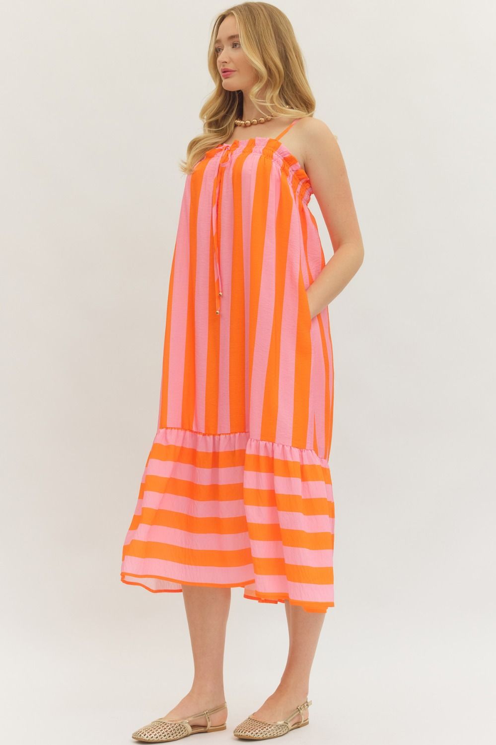 ENTRO Striped Print Sleeveless Midi Dress In Orange