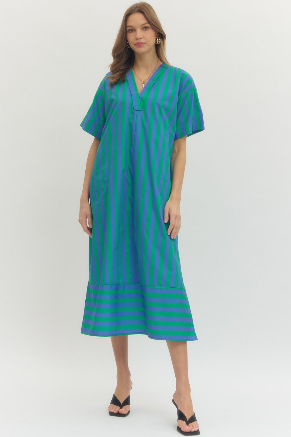 ENTRO Two Tone Striped Short Sleeve Midi Dress In Green