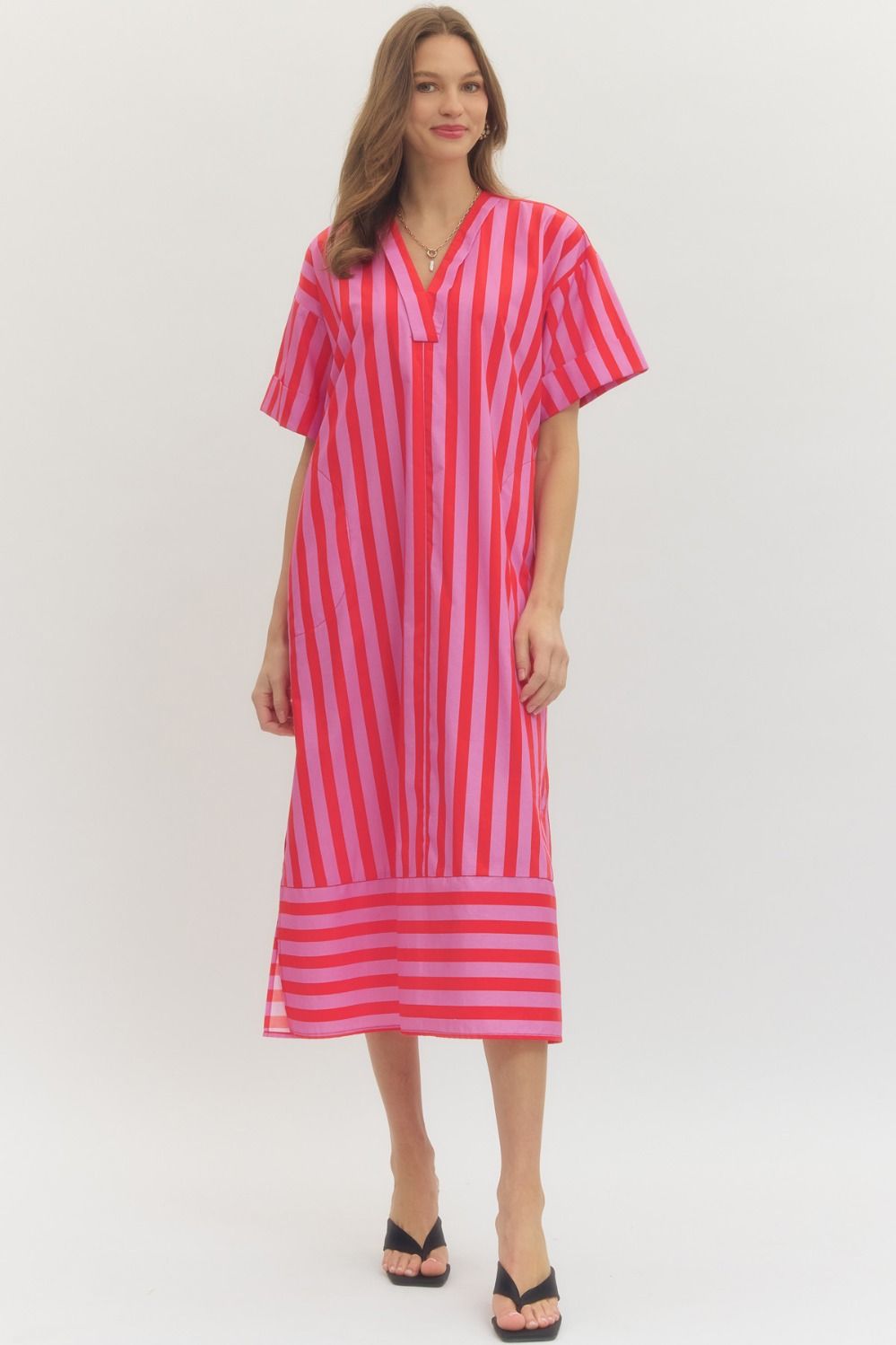 ENTRO Two Tone Striped Short Sleeve Midi Dress In Red