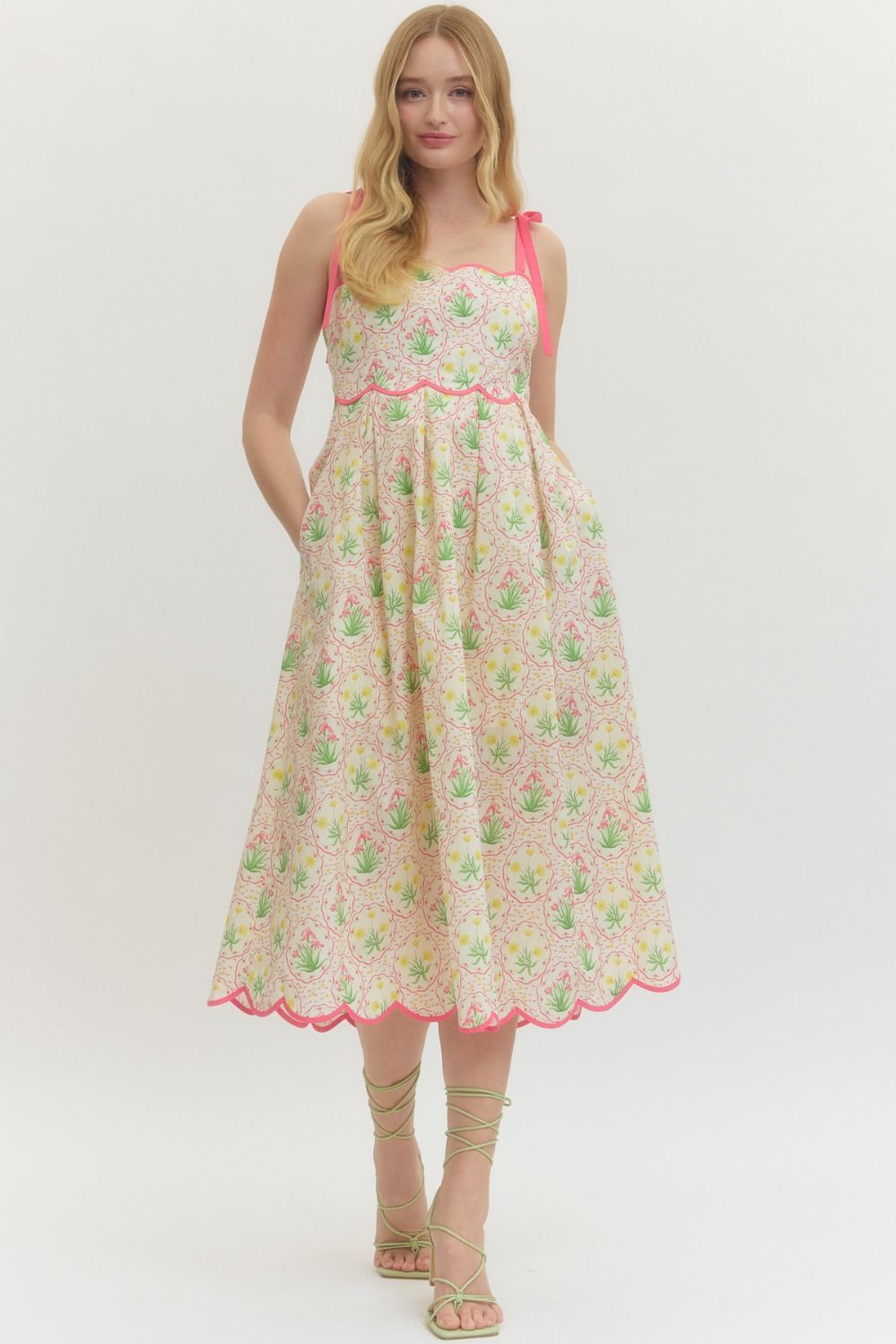 ENTRO Floral Tie Shoulder Midi Dress In Pink *COMING SOON*