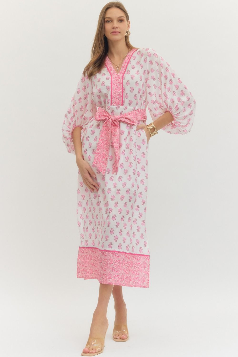 Entro Floral Print 3/4 Sleeve Midi Dress In Ivory Pink