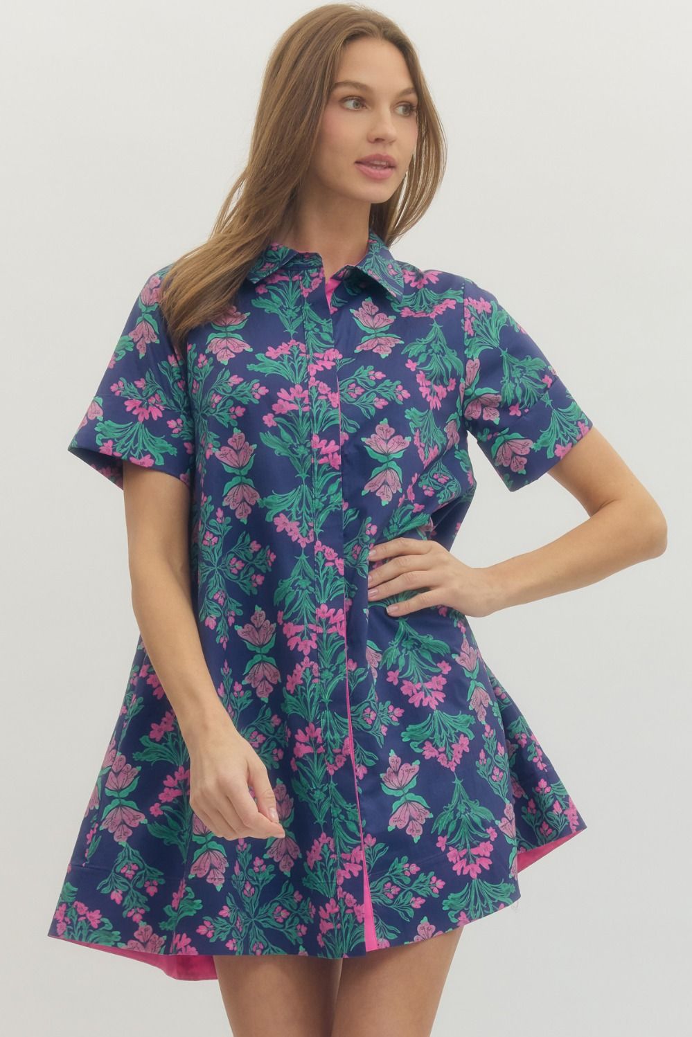 Entro Floral Print Short Sleeve Mini Dress In Navy