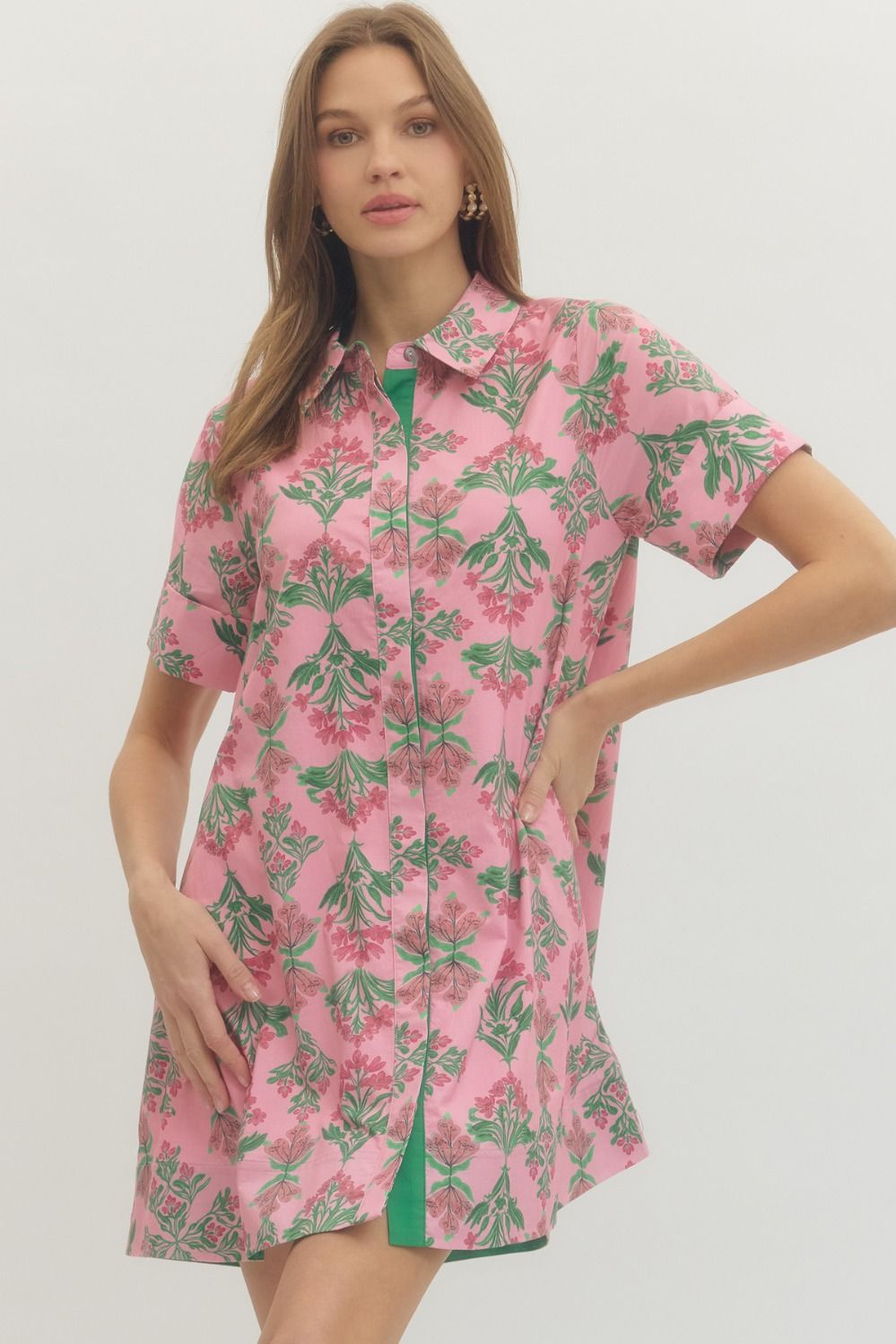 Entro Floral Print Short Sleeve Mini Dress In Pink