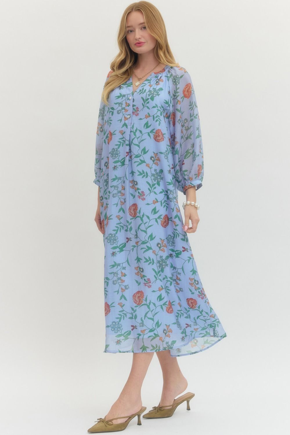 Entro Long Sleeve Floral Maxi Dress In Blue