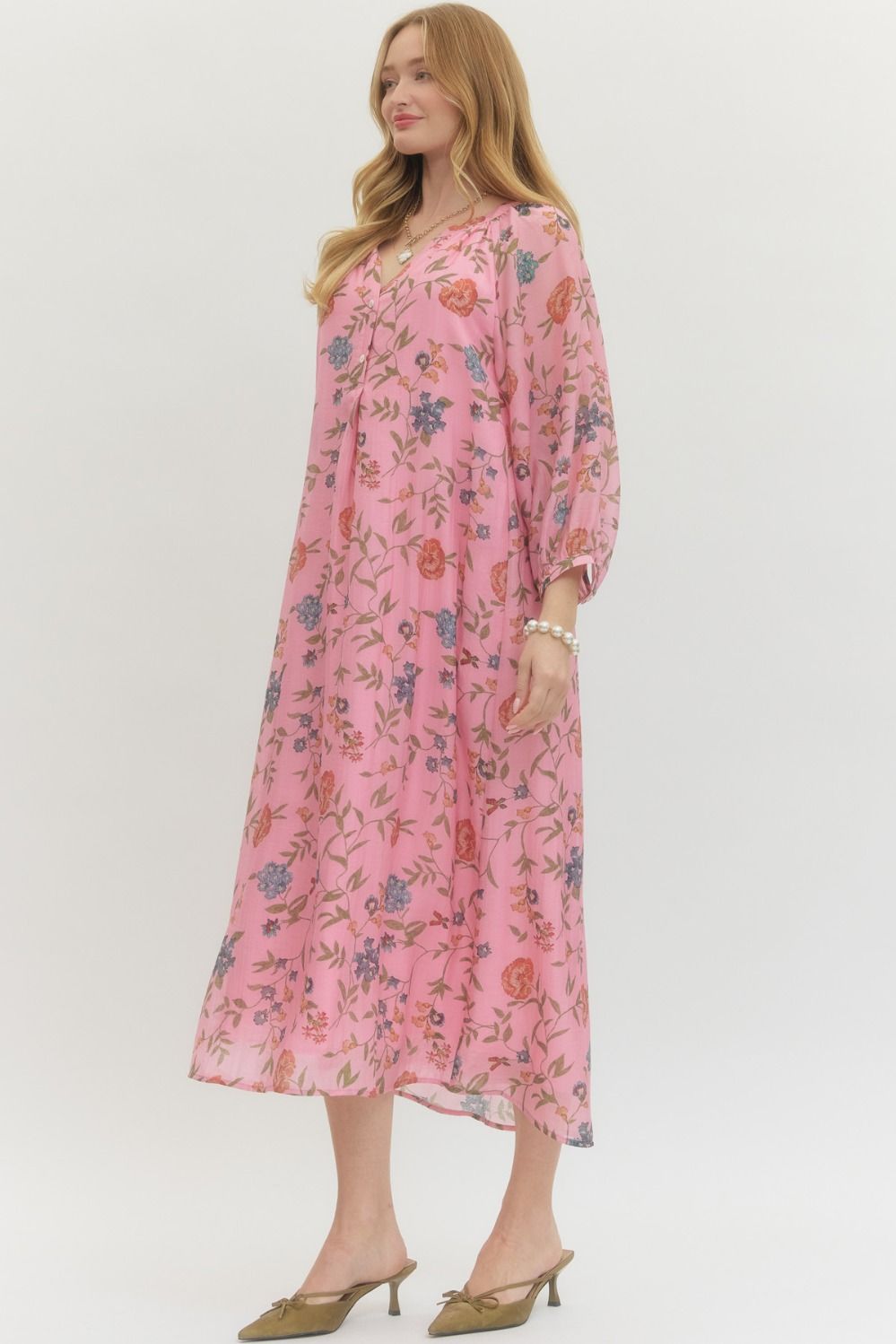 Entro Long Sleeve Floral Maxi Dress In Pink