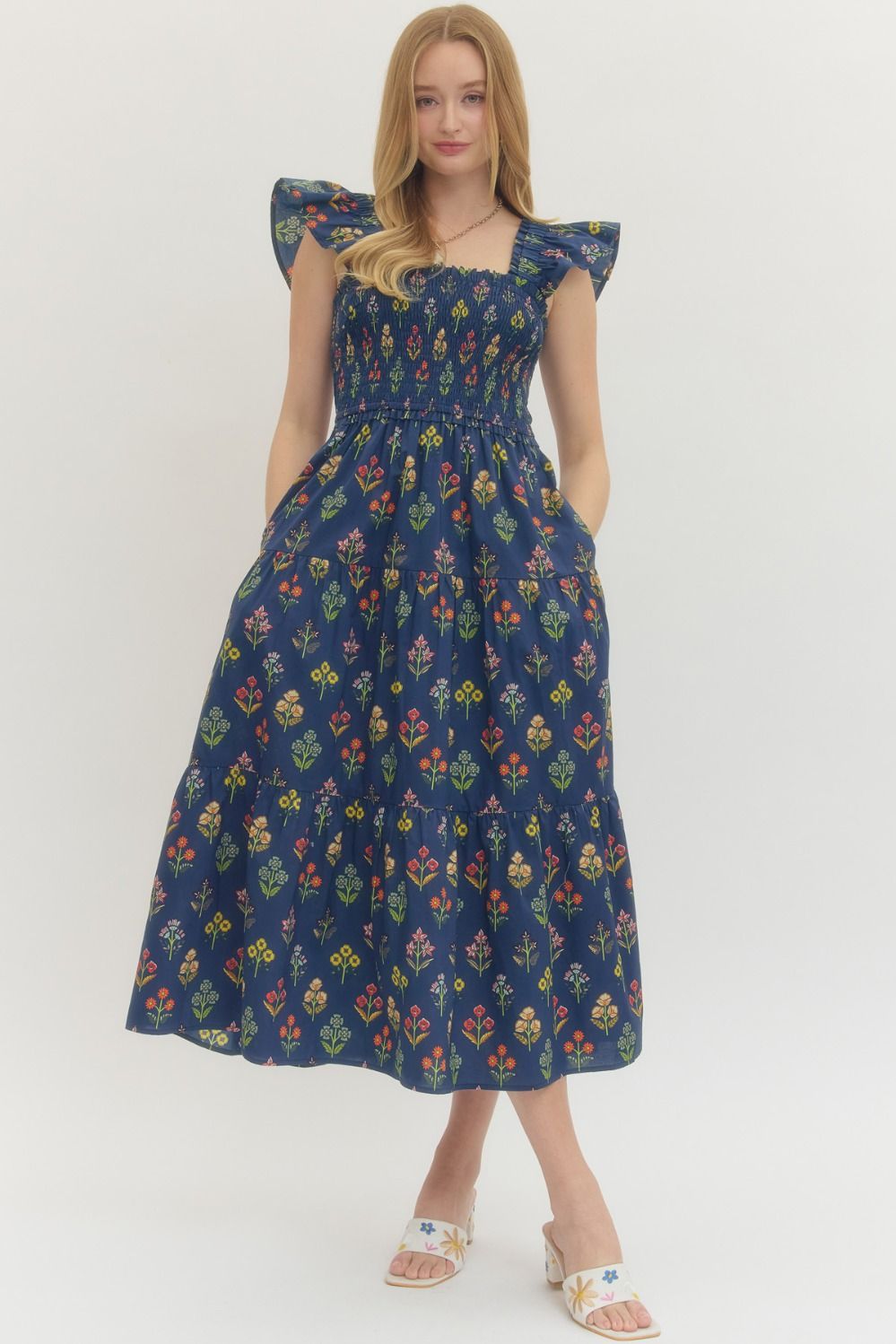 ENTRO Floral Print Flutter Sleeve Midi Dress In Navy *COMING SOON*