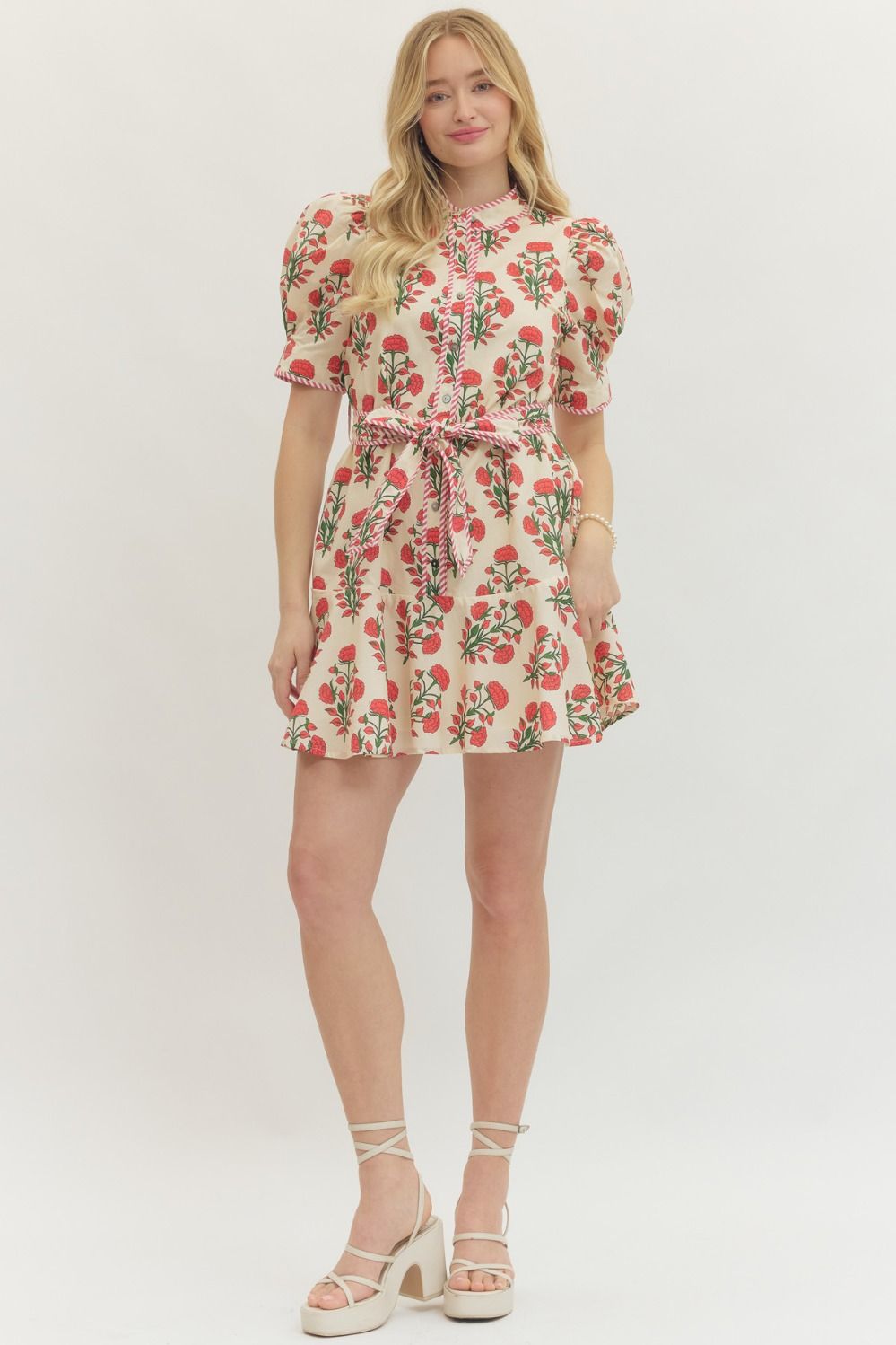 ENTRO Short Puff Sleeve Mini Dress With Tie Waist In Cream