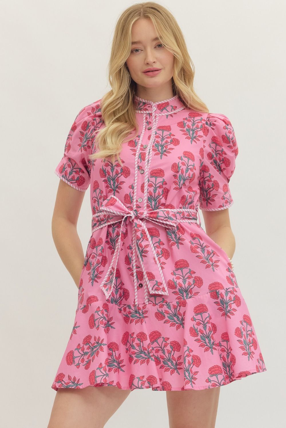 ENTRO Short Puff Sleeve Mini Dress With Tie Waist In Pink