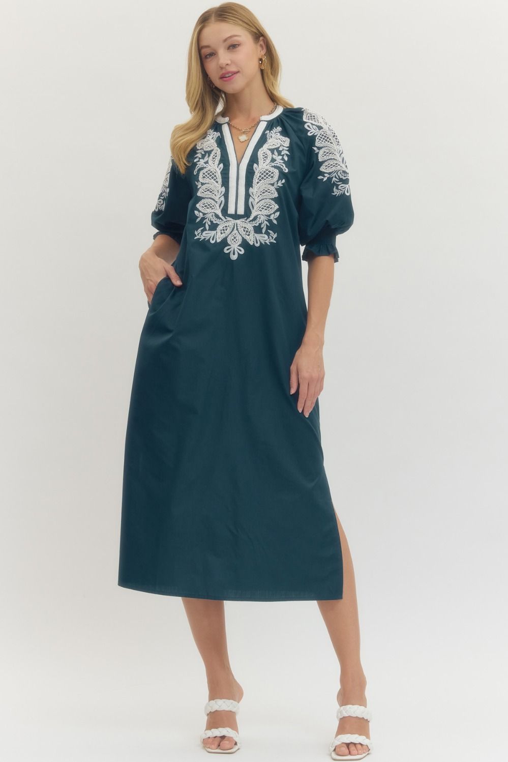 ENTRO Embroidered V Neck Midi Dress In Navy