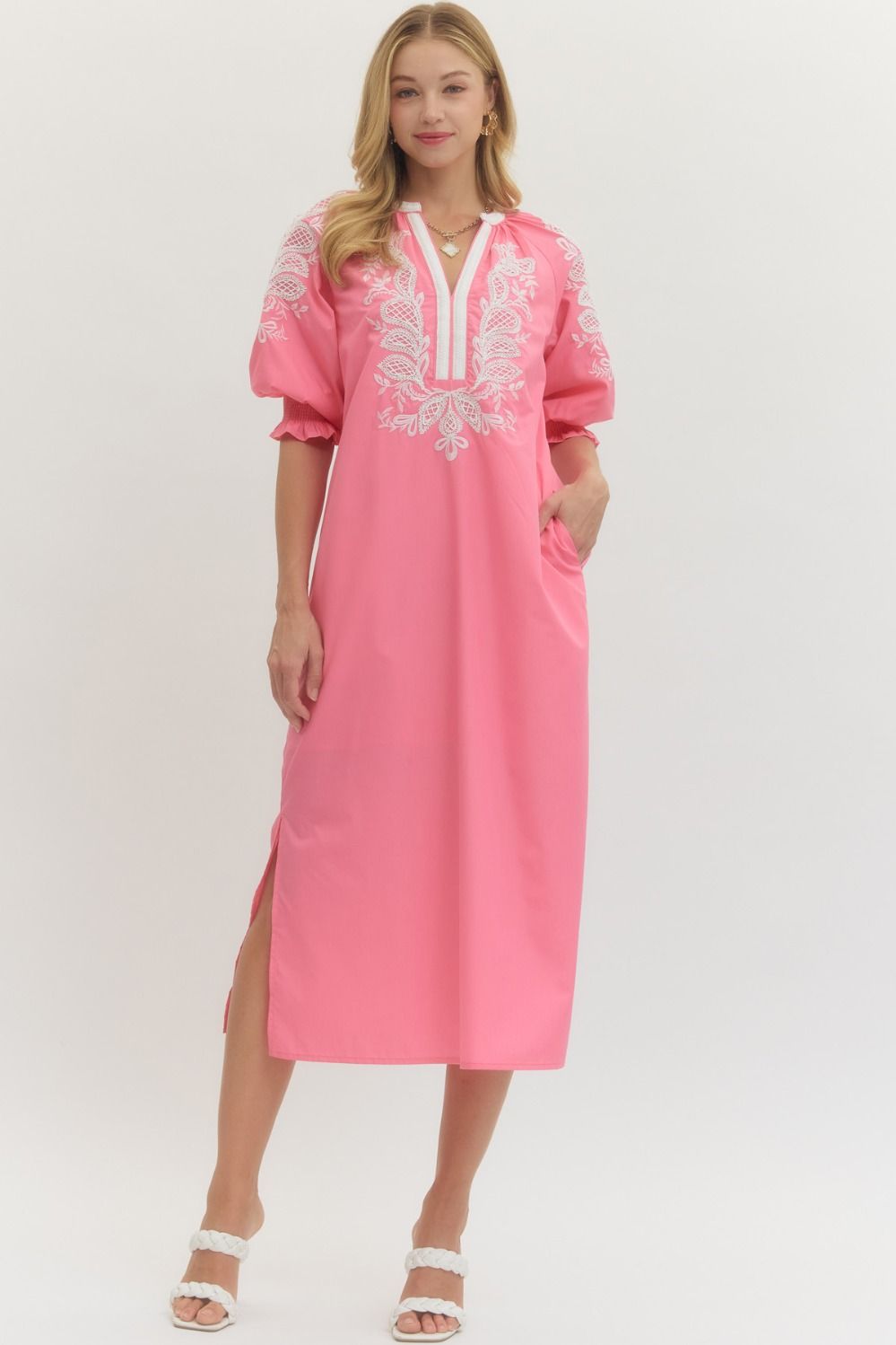 ENTRO Embroidered V Neck Midi Dress In Pink