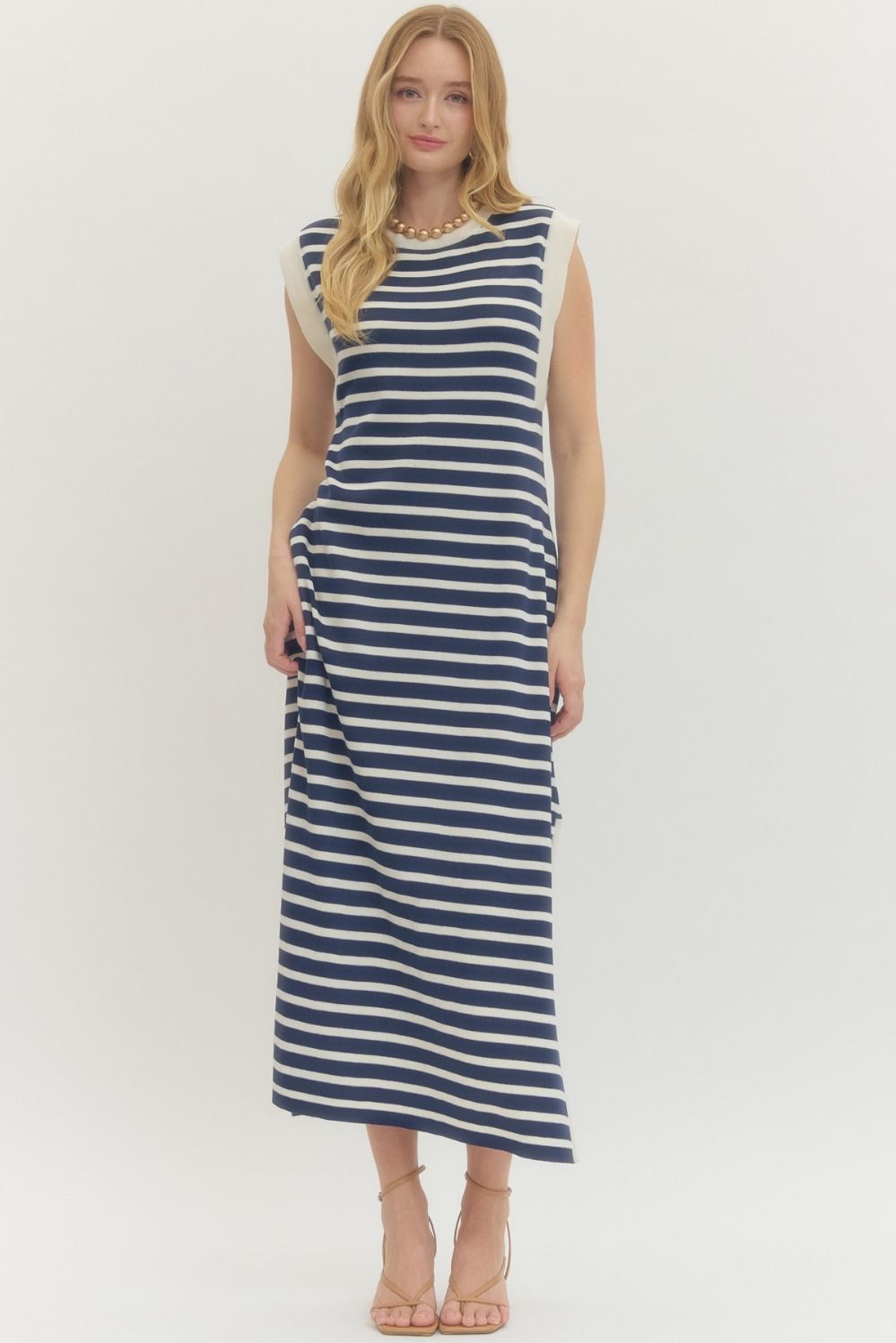 ENTRO Striped Sleeveless Maxi Dress In Navy