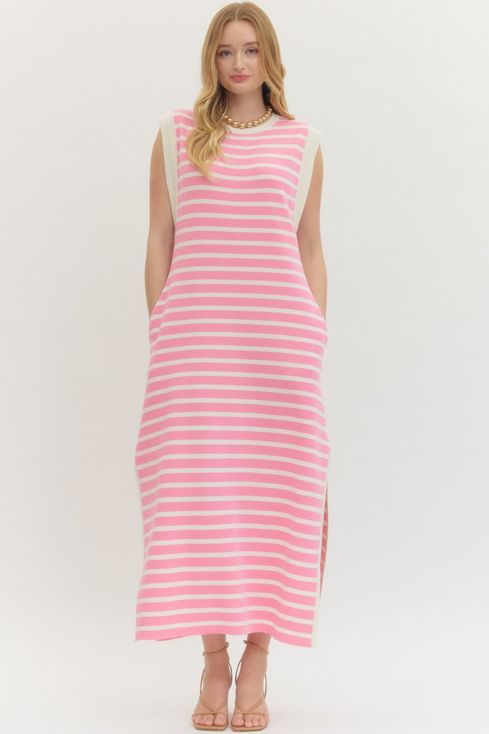 ENTRO Striped Sleeveless Maxi Dress In Pink