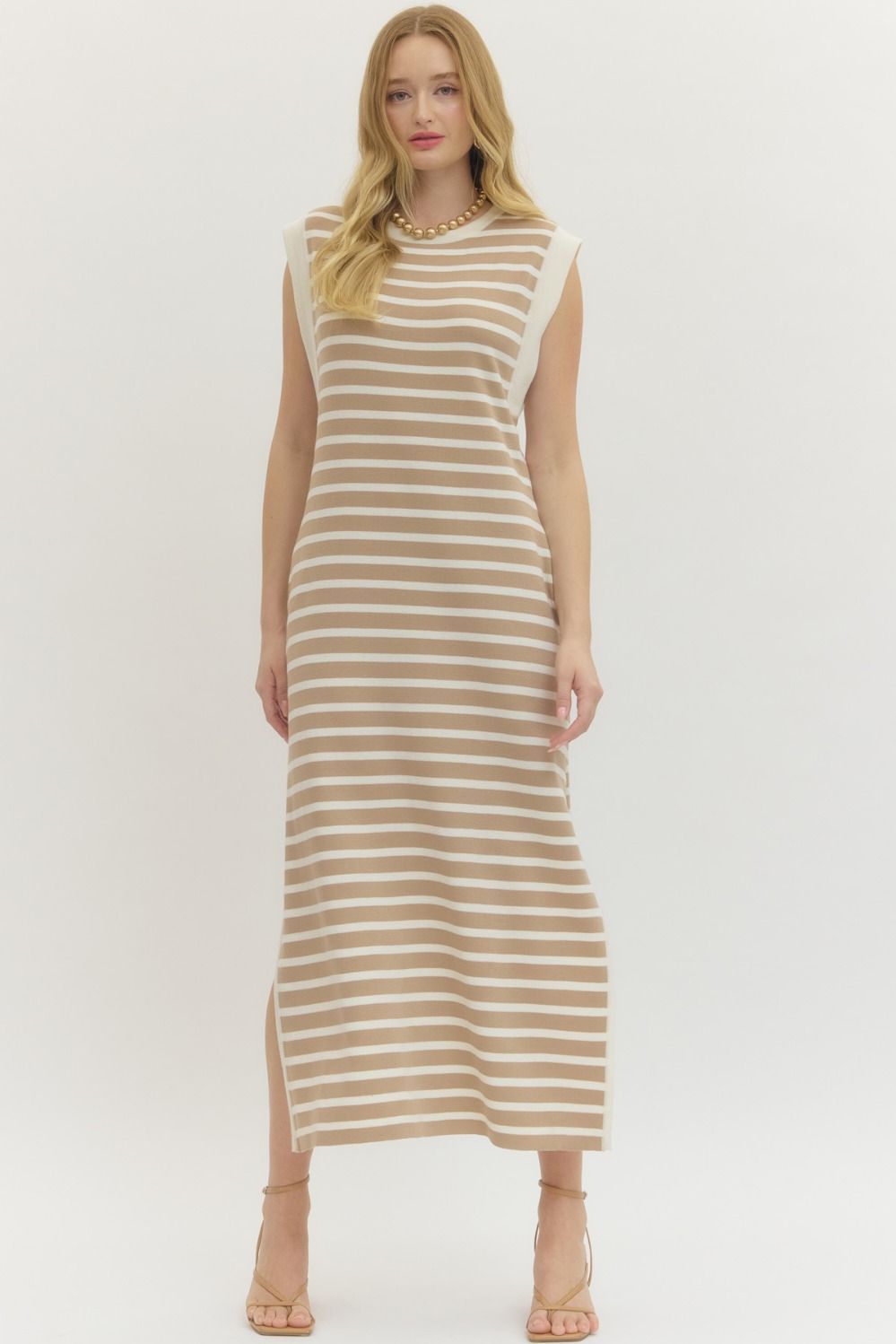 ENTRO Striped Sleeveless Maxi Dress In Taupe