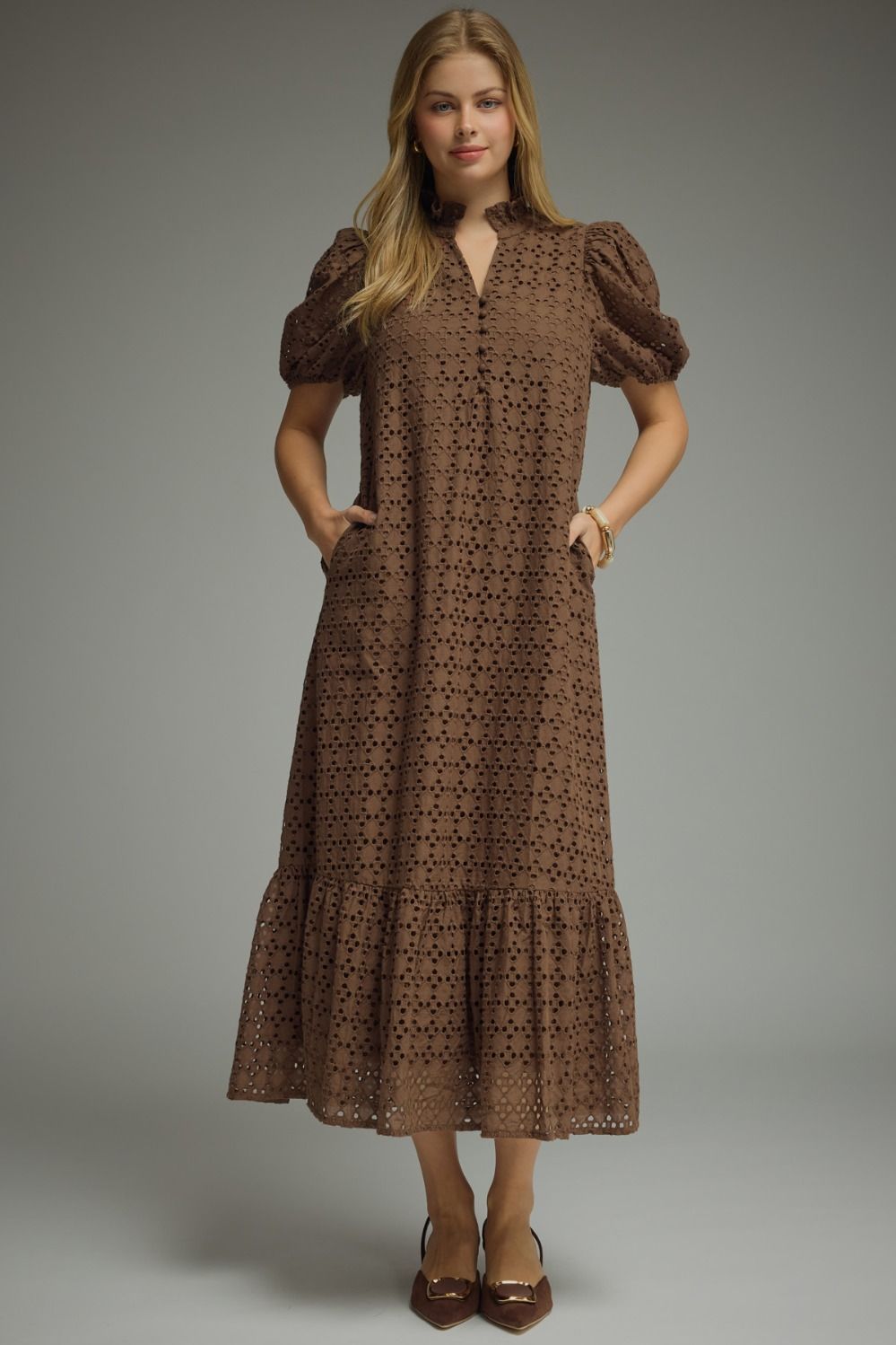 ENTRO Eyelet Short Puff Sleeve Midi Dress In Brown PLUS Size *COMING SOON*
