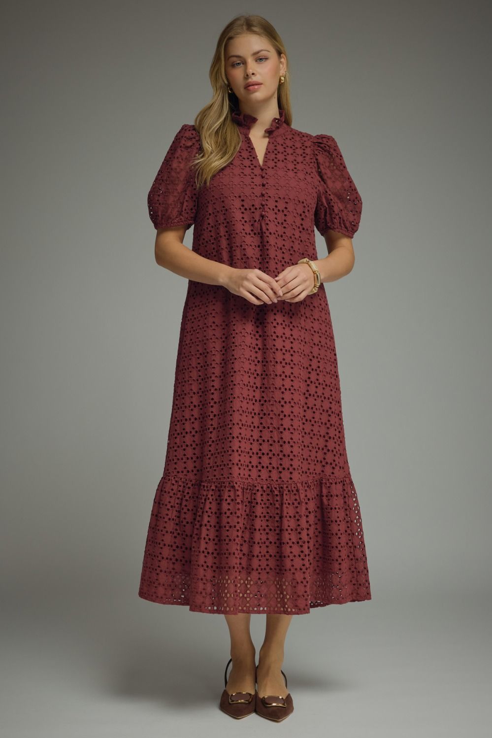 ENTRO Eyelet Short Puff Sleeve Midi Dress In Burgundy *COMING SOON*