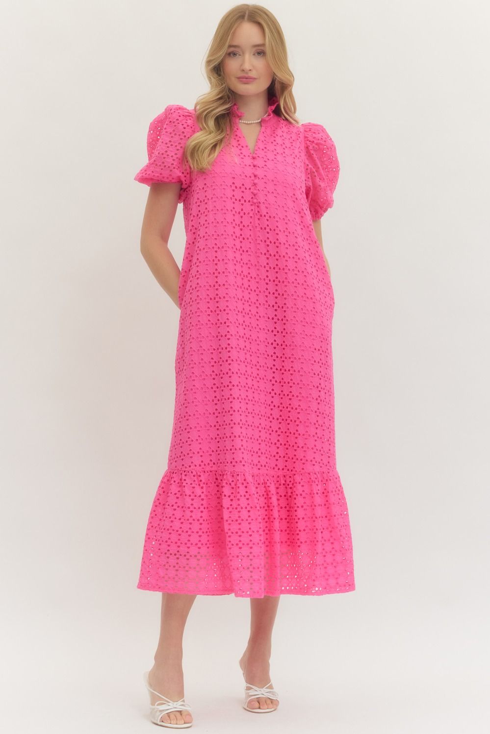 ENTRO Eyelet Short Puff Sleeve Midi Dress In Hot Pink *COMING SOON*