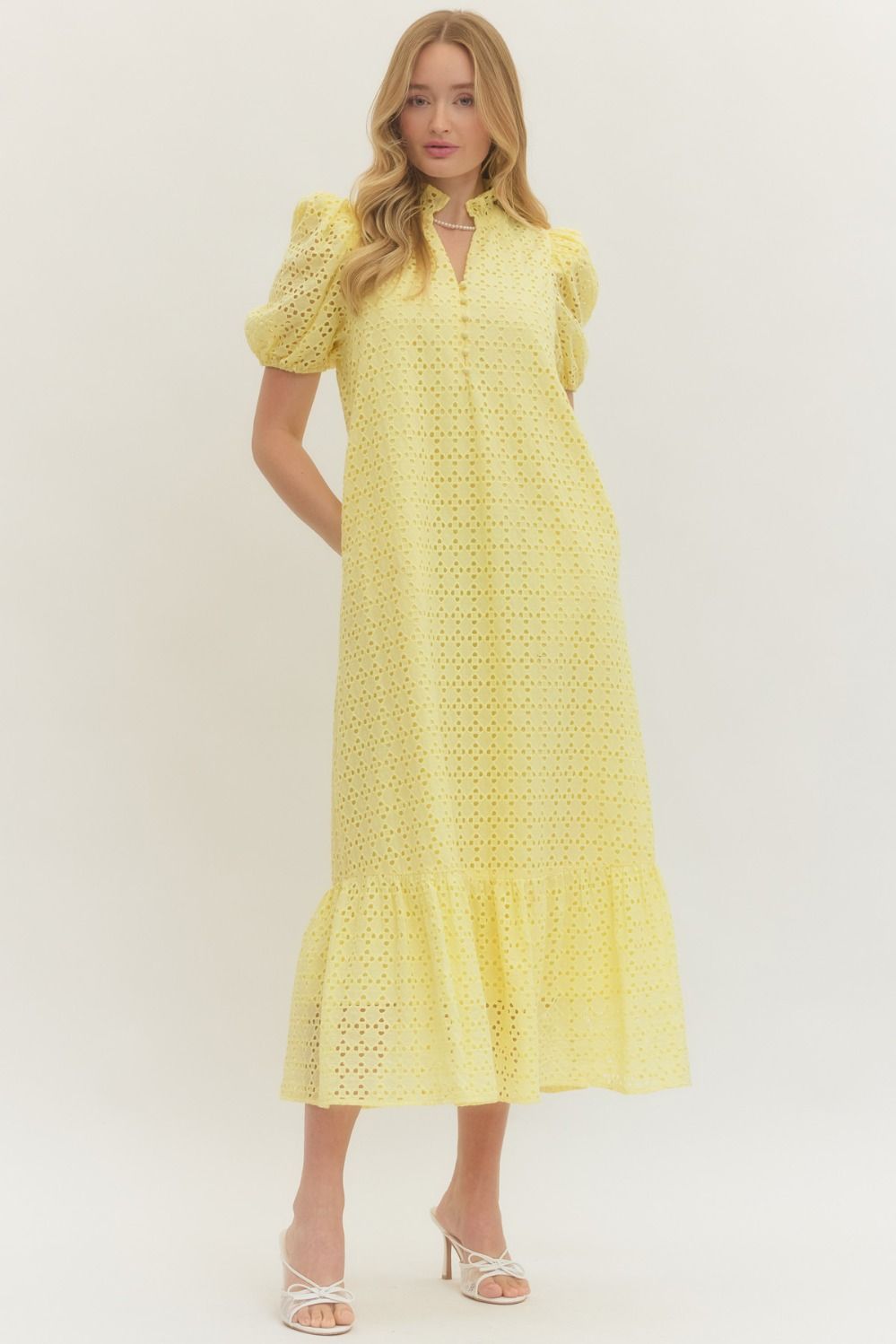 ENTRO Eyelet Short Puff Sleeve Midi Dress In Lemon