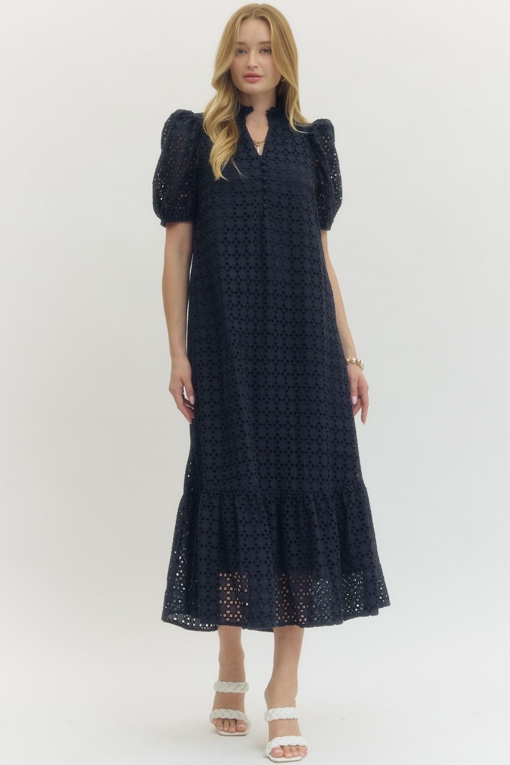 Entro Eyelet Short Puff Sleeve Midi Dress In Navy