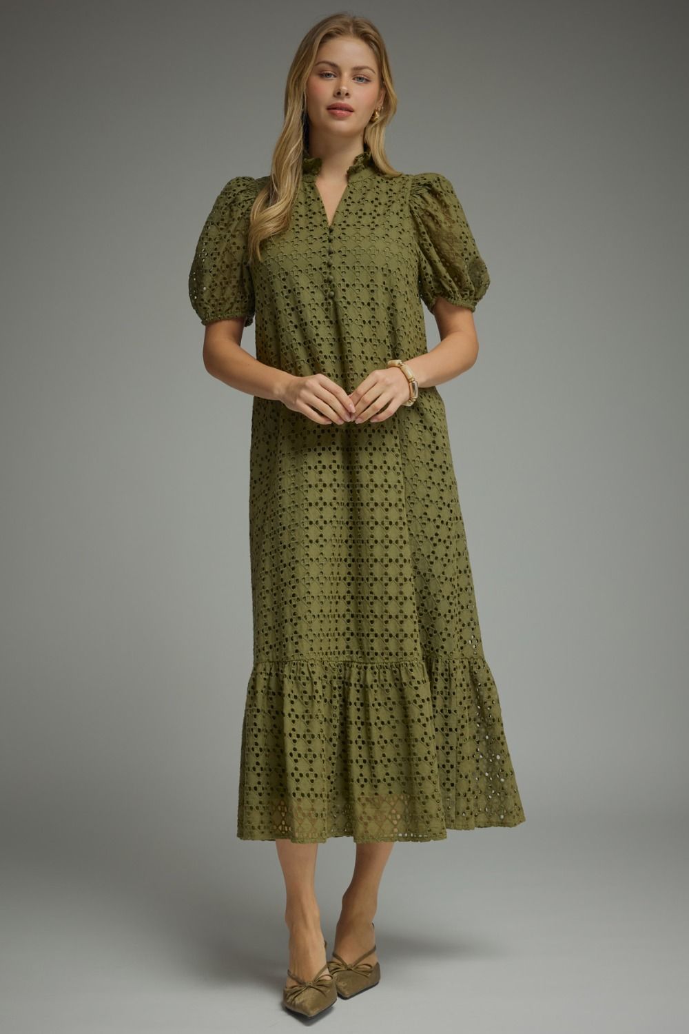 ENTRO Eyelet Short Puff Sleeve Midi Dress In Olive PLUS Size *COMING SOON*