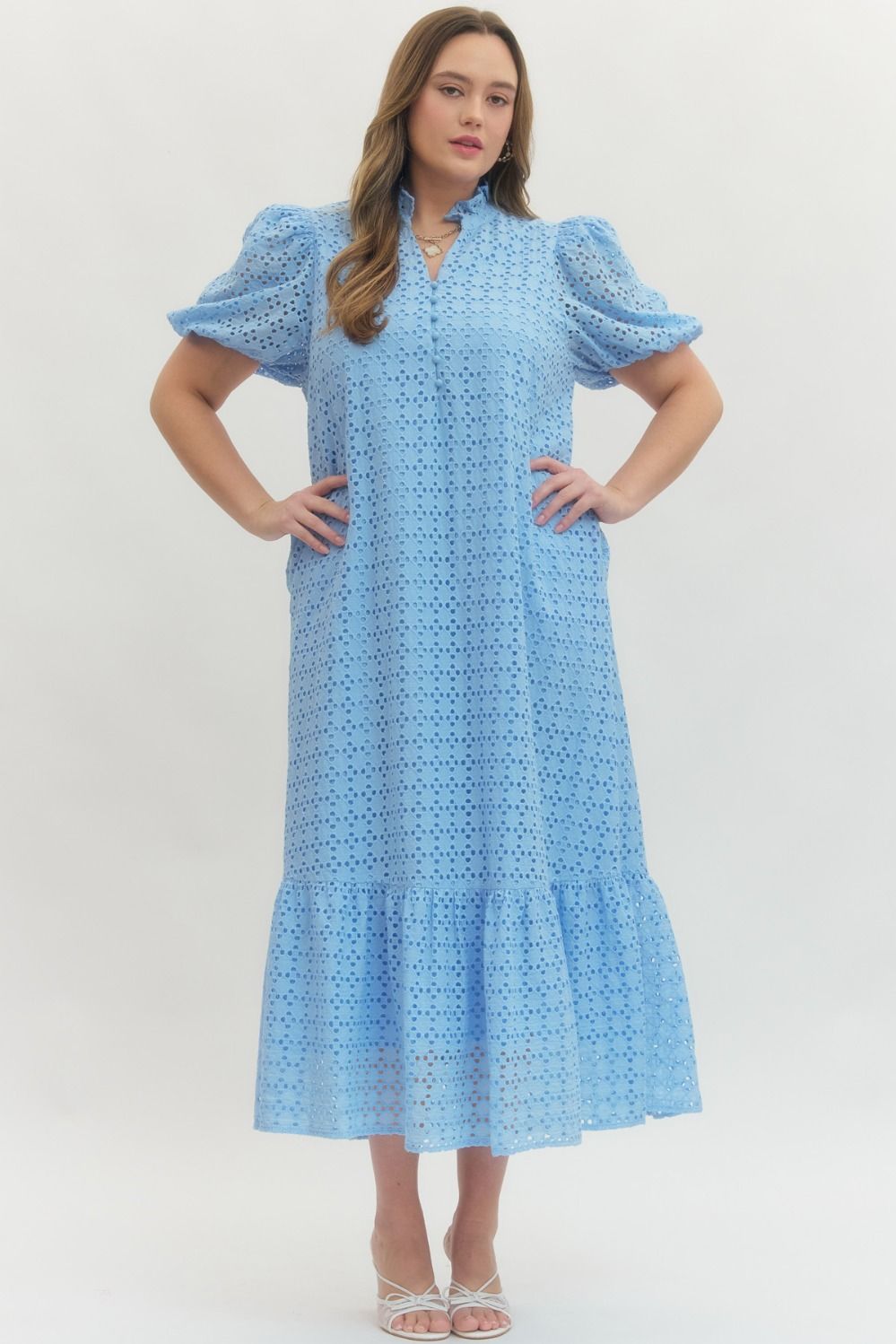 ENTRO Eyelet Short Puff Sleeve Midi Dress In Blue PLUS Size *COMING SOON*