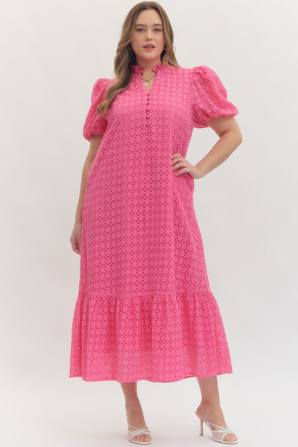 Entro Eyelet Short Puff Sleeve Midi Dress In Hot Pink PLUS Size *COMING SOON*