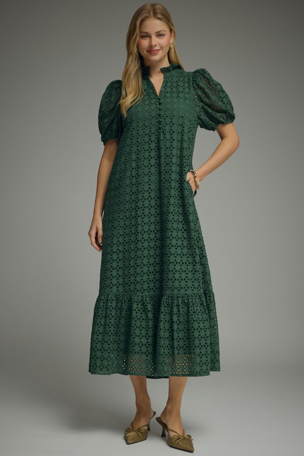 ENTRO Eyelet Short Puff Sleeve Midi Dress In Hunter Green PLUS Size *COMING SOON*