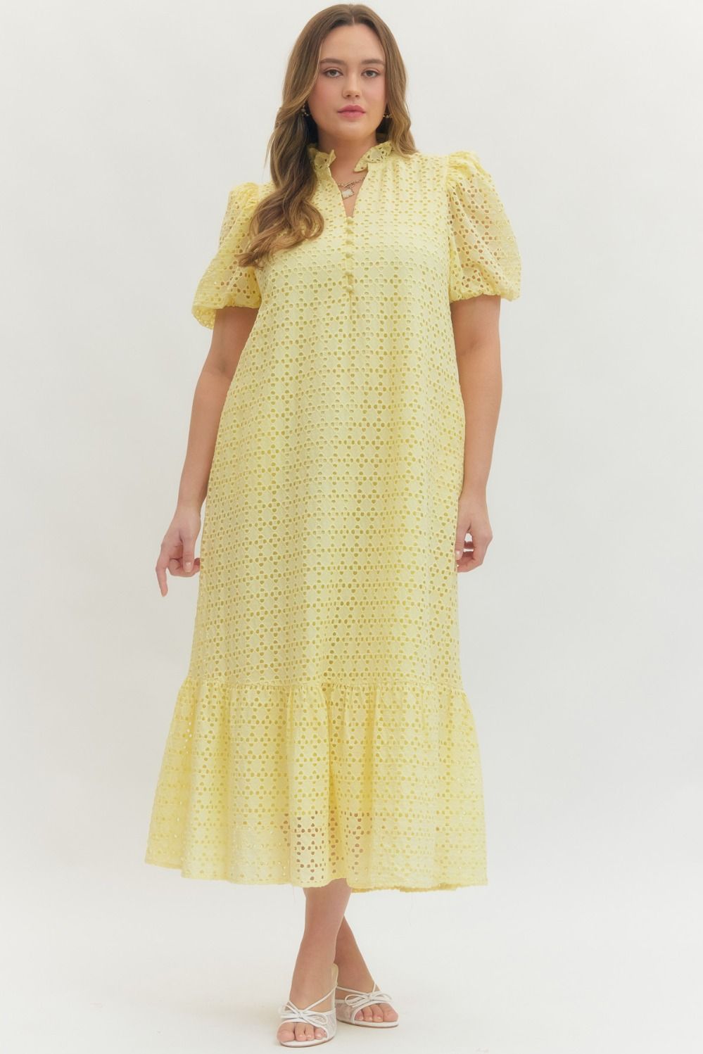 Entro Eyelet Short Puff Sleeve Midi Dress In Lemon PLUS Size