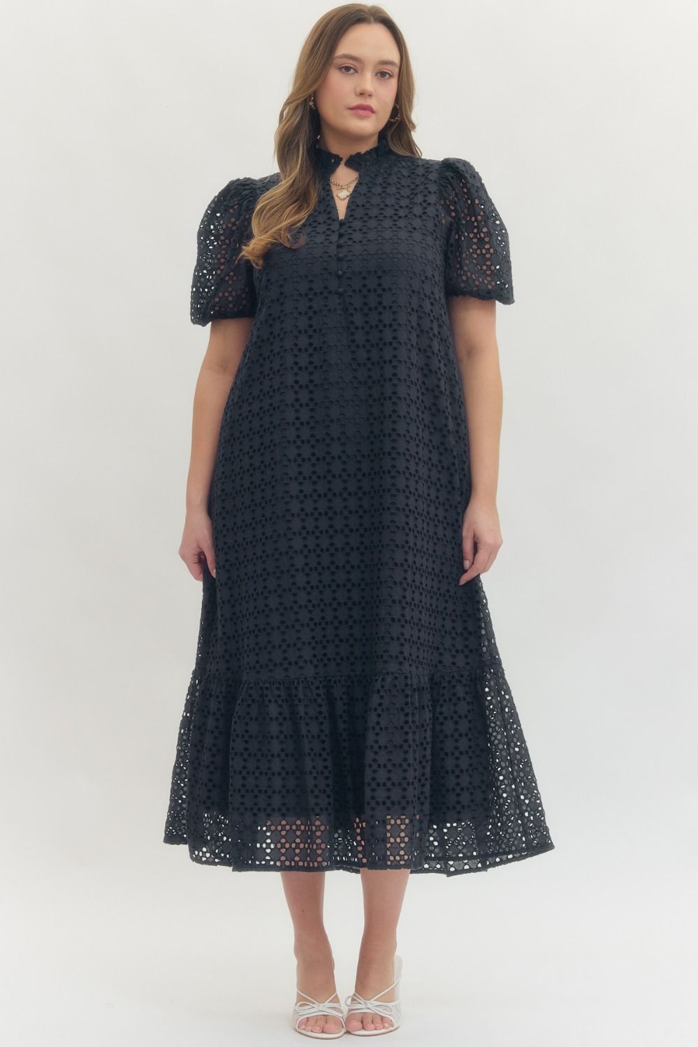 ENTRO Eyelet Short Puff Sleeve Midi Dress In Navy PLUS Size