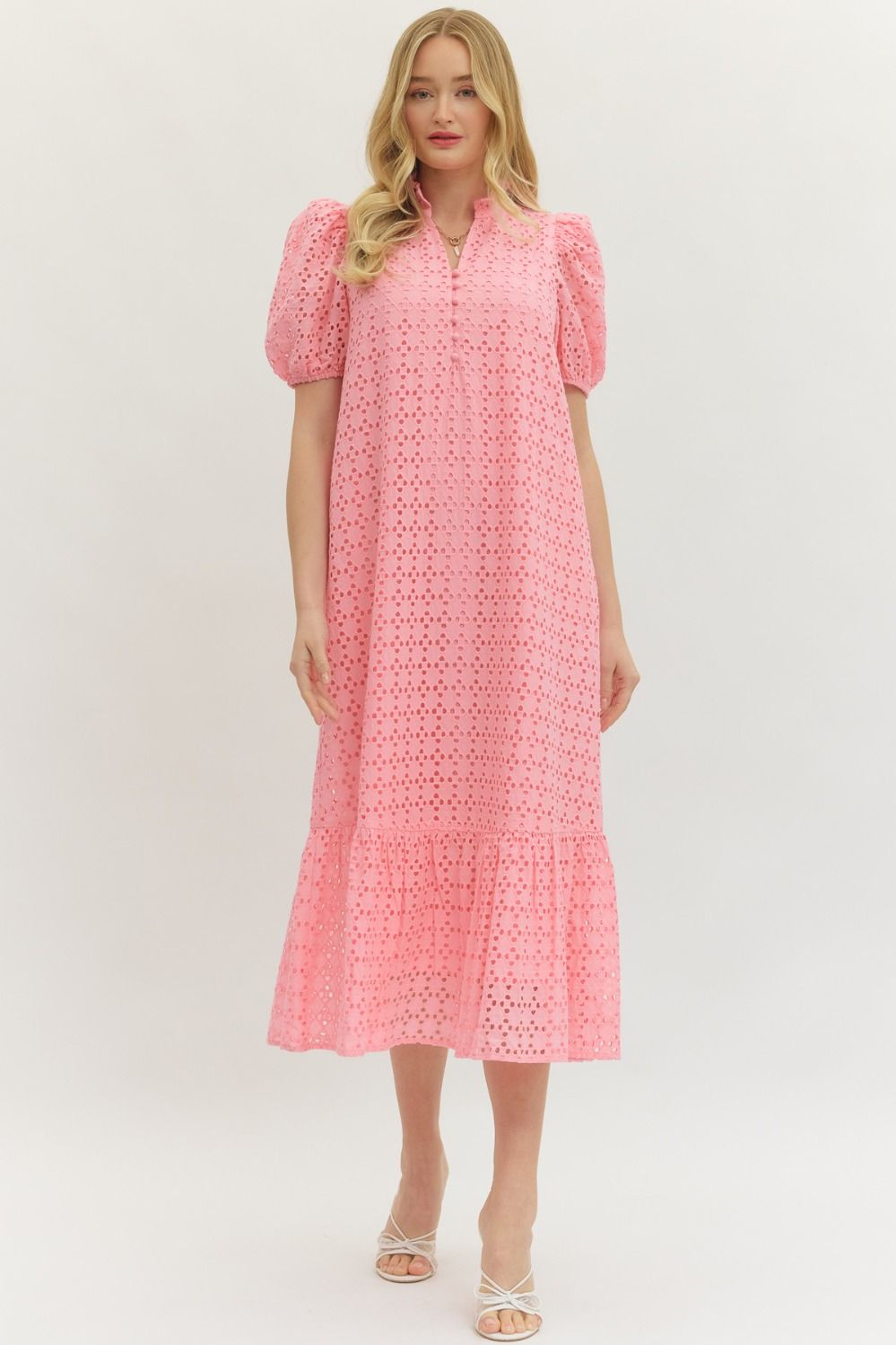 ENTRO Eyelet Short Puff Sleeve Midi Dress In Pink