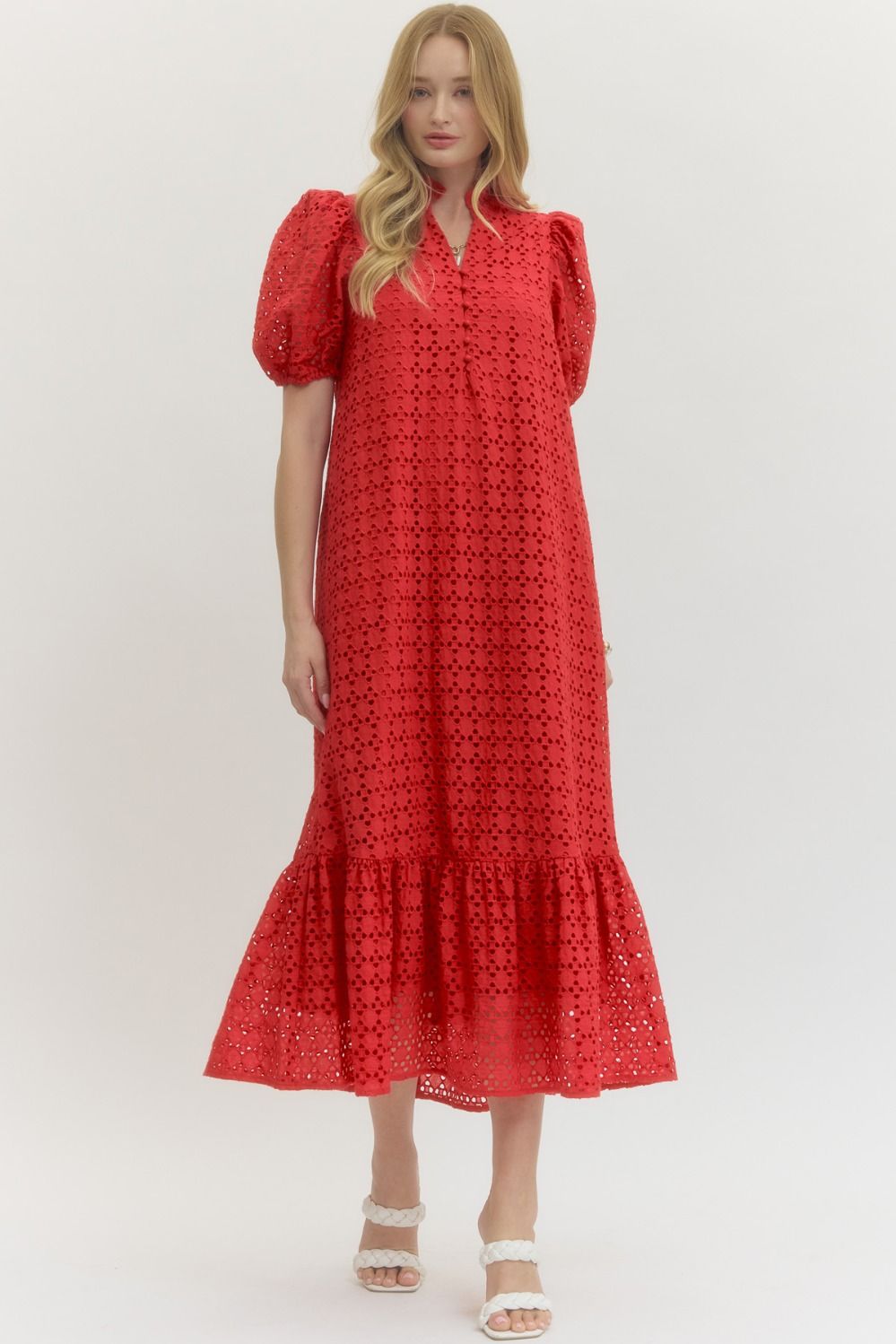 Entro Eyelet Short Puff Sleeve Midi Dress In Red