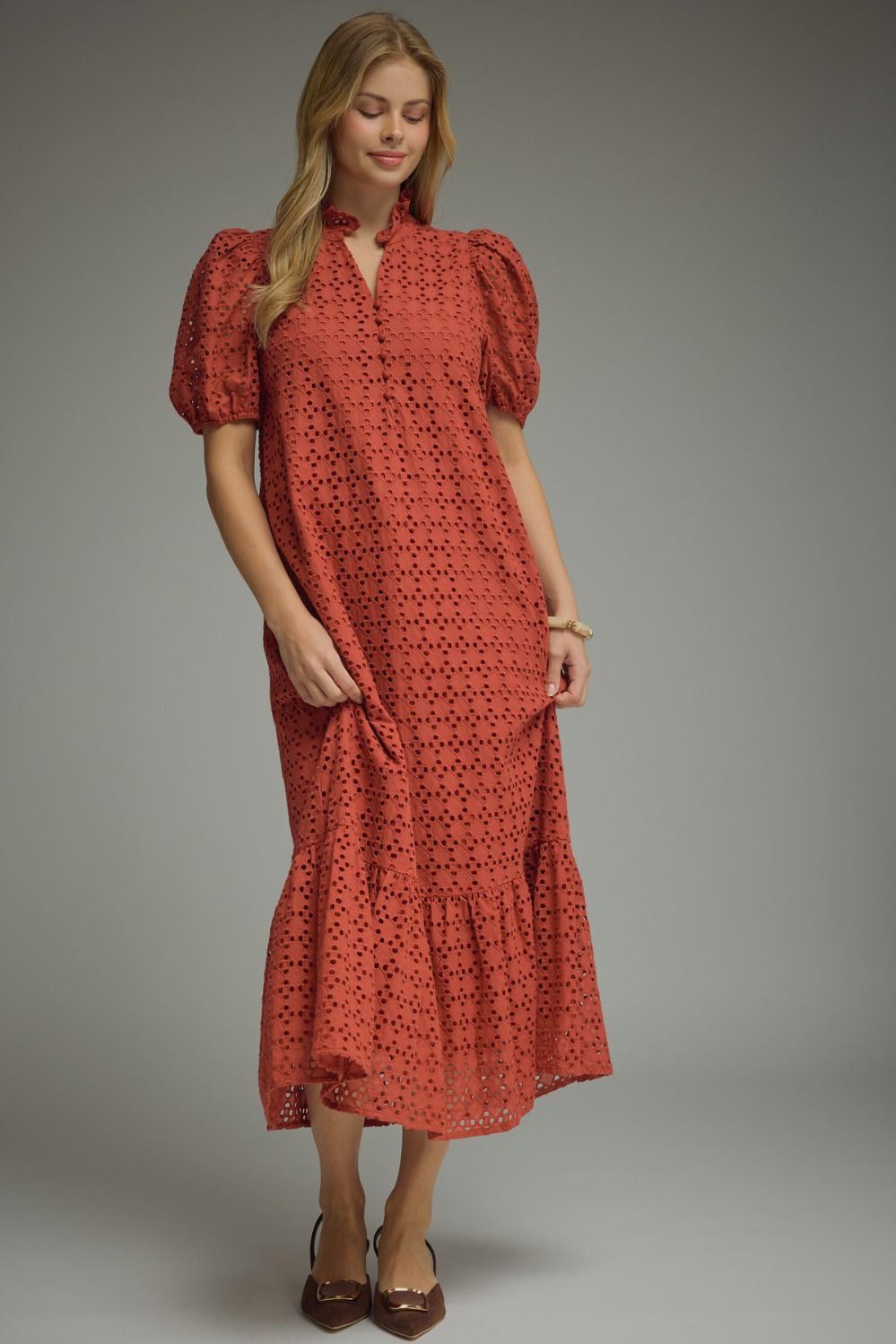 ENTRO Eyelet Short Puff Sleeve Midi Dress In Rust PLUS Size *COMING SOON*