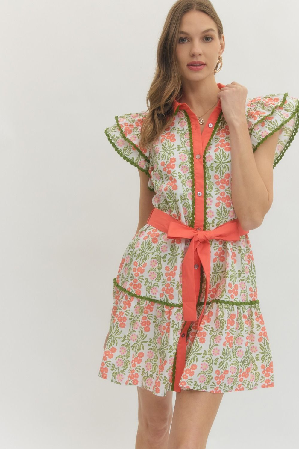 ENTRO Floral Print Flutter Sleeve Mini Dress With Tie Waist In Coral *COMING SOON*