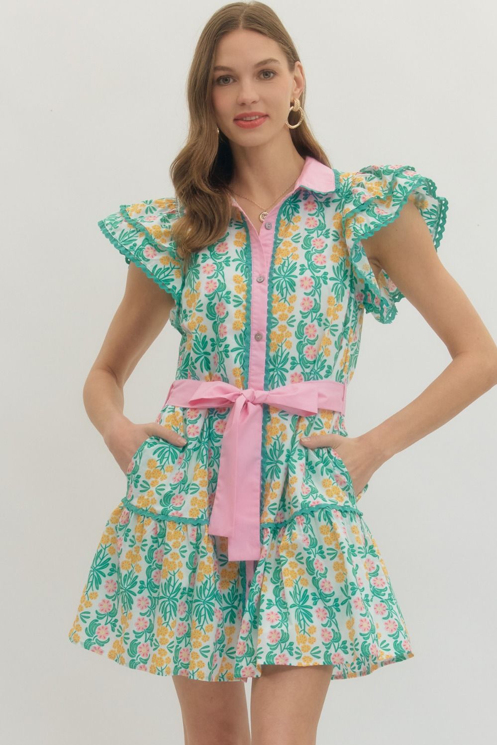 ENTRO Floral Print Flutter Sleeve Mini Dress With Tie Waist In Pink *COMING SOON*