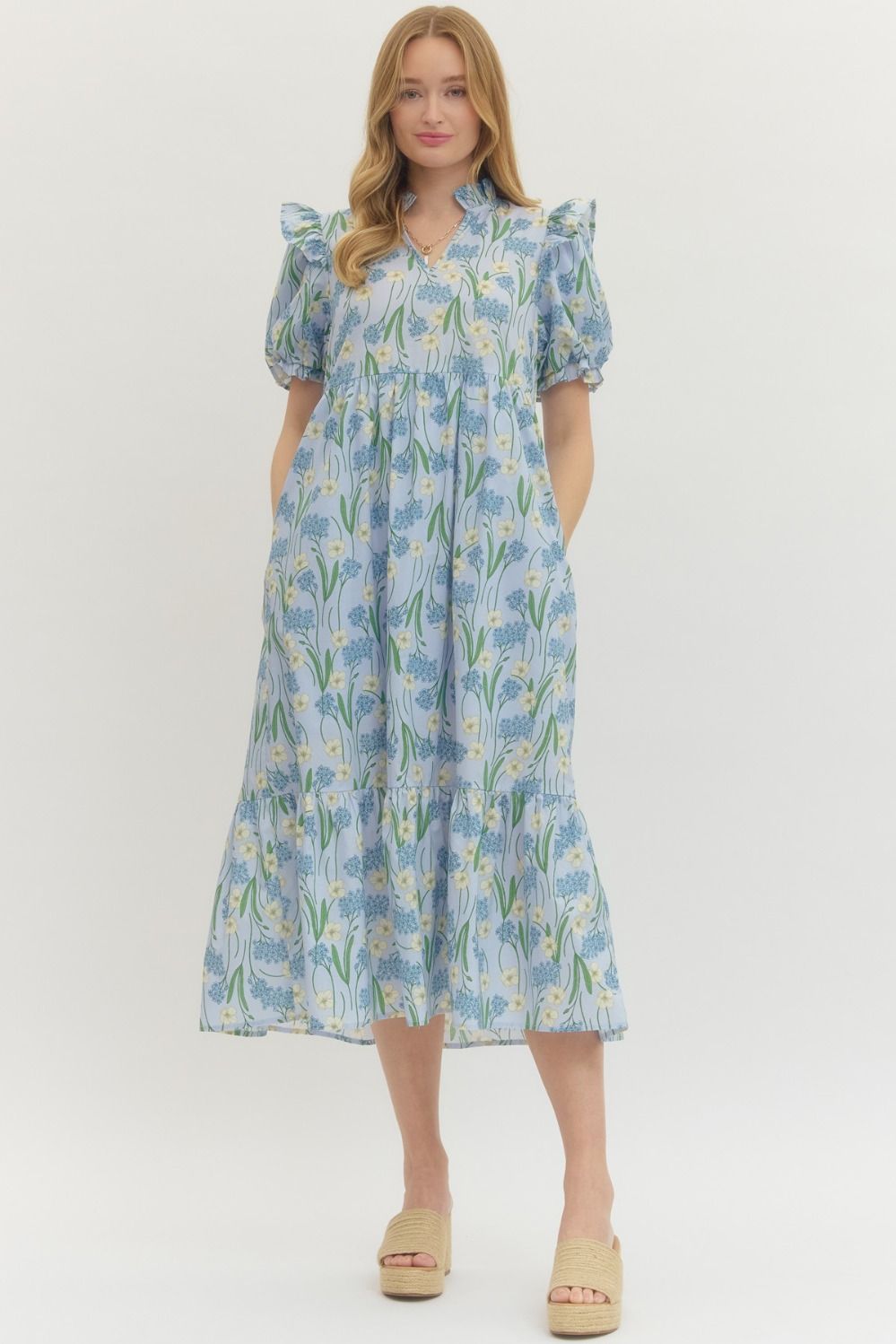 Entro Floral Print Puff Sleeve Midi Dress In Blue *COMING SOON*