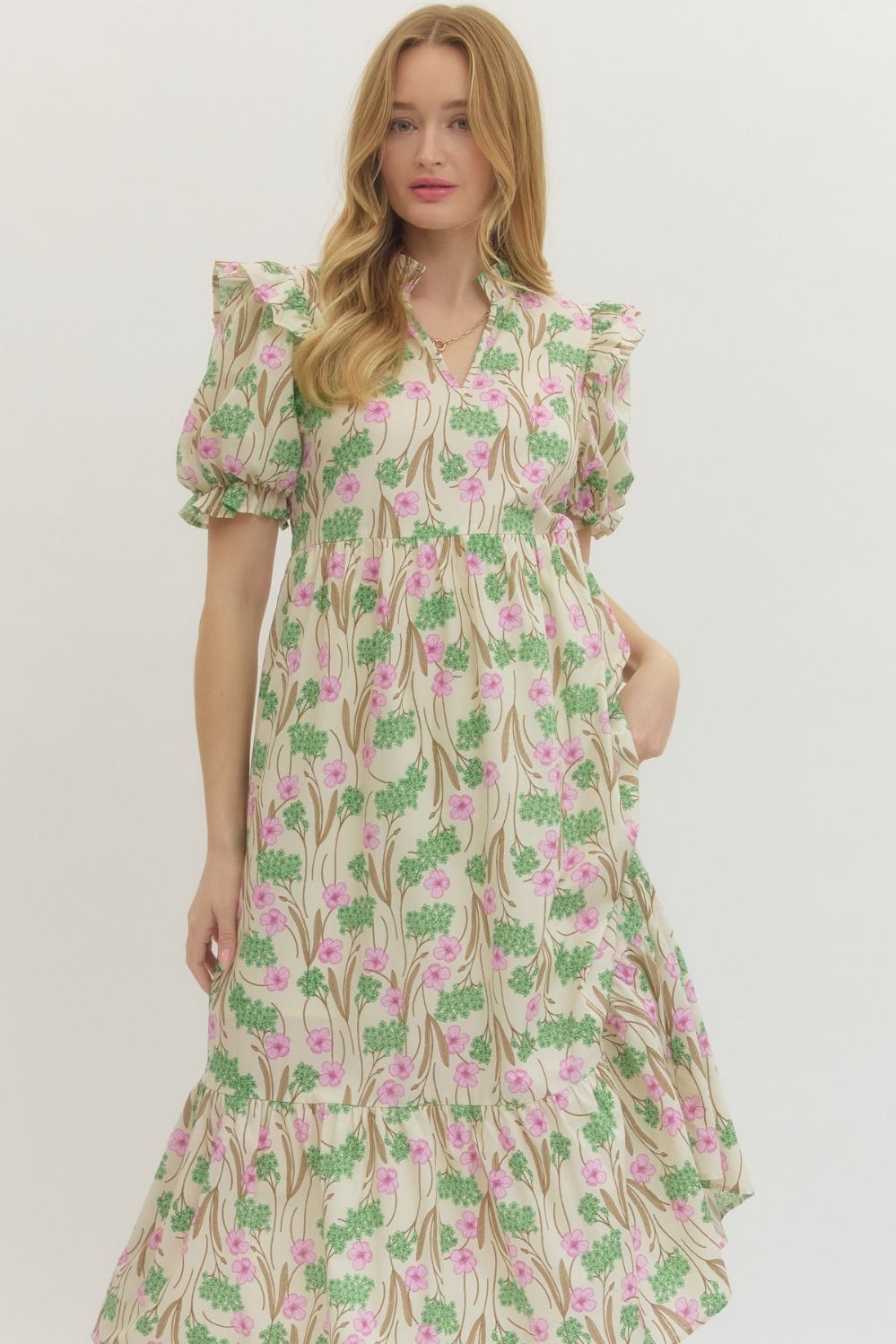Entro Floral Print Puff Sleeve Midi Dress In Ecru Pink *COMING SOON*