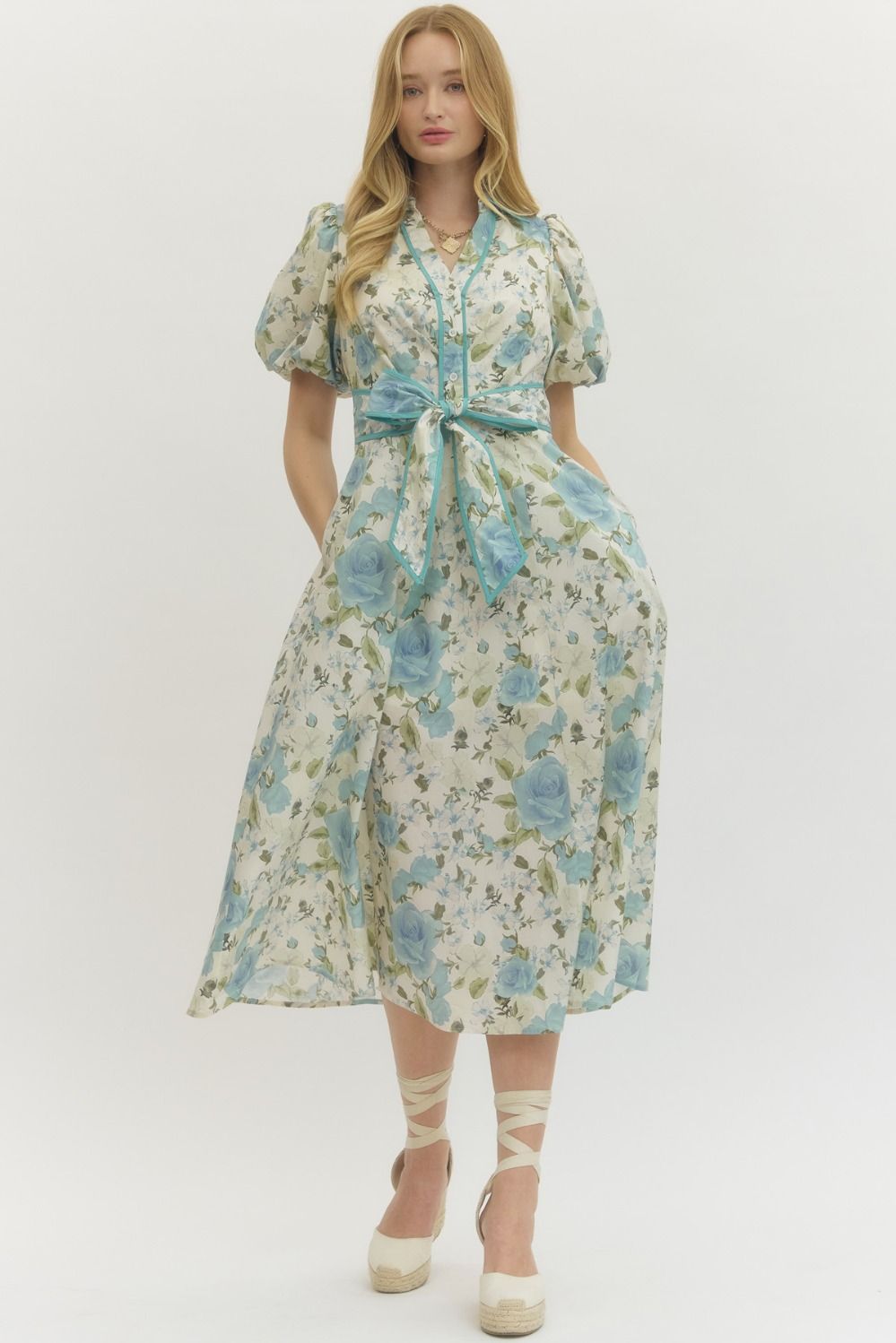 ENTRO Floral Puff Sleeve Midi Dress With Tie Waist In Blue *COMING SOON*