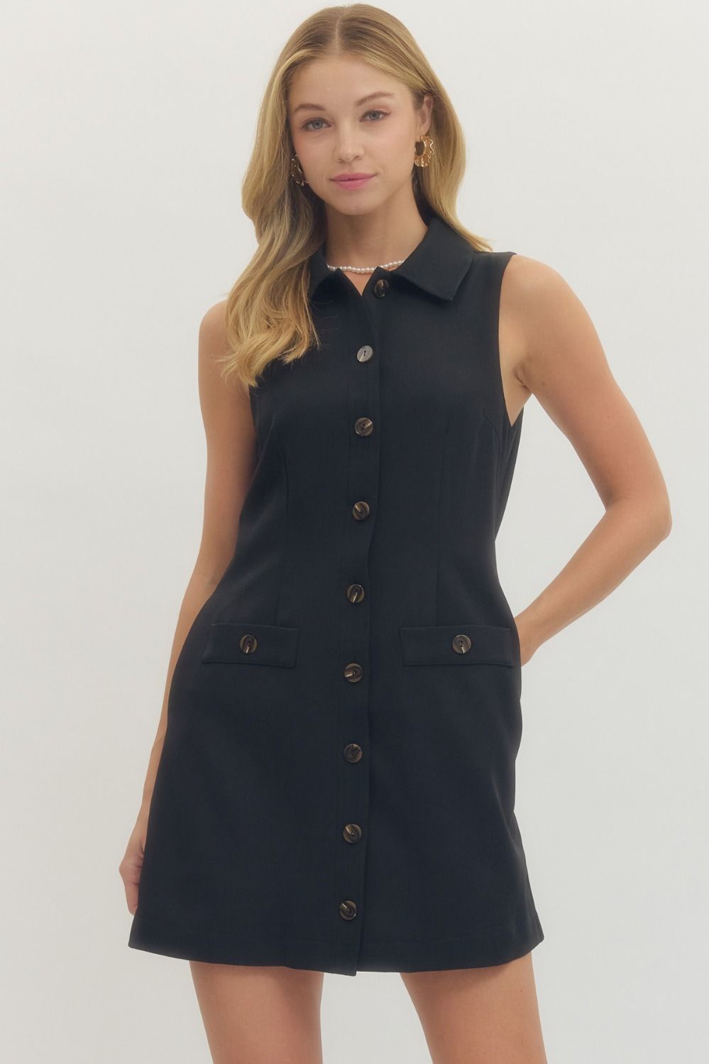 Entro Button Front Mini Dress In Black