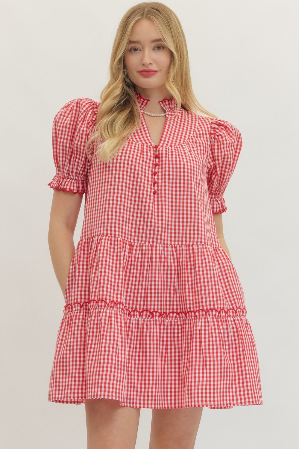 ENTRO Gingham Puff Short Sleeve Mini Dress In Red