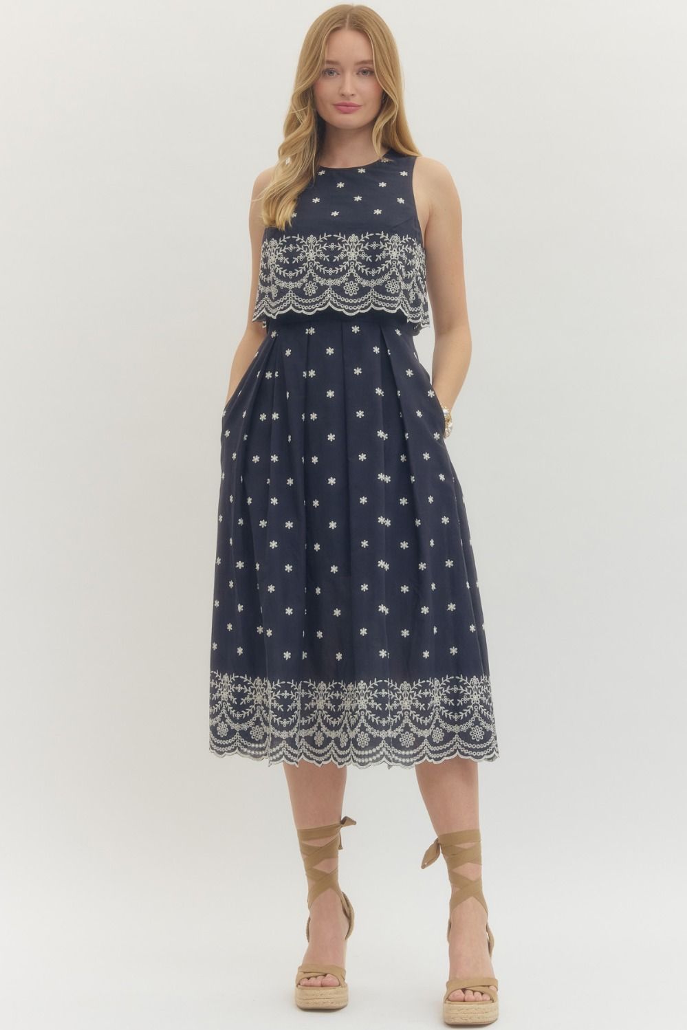 ENTRO Embroidered Sleeveless Midi Dress In Navy *COMING SOON*