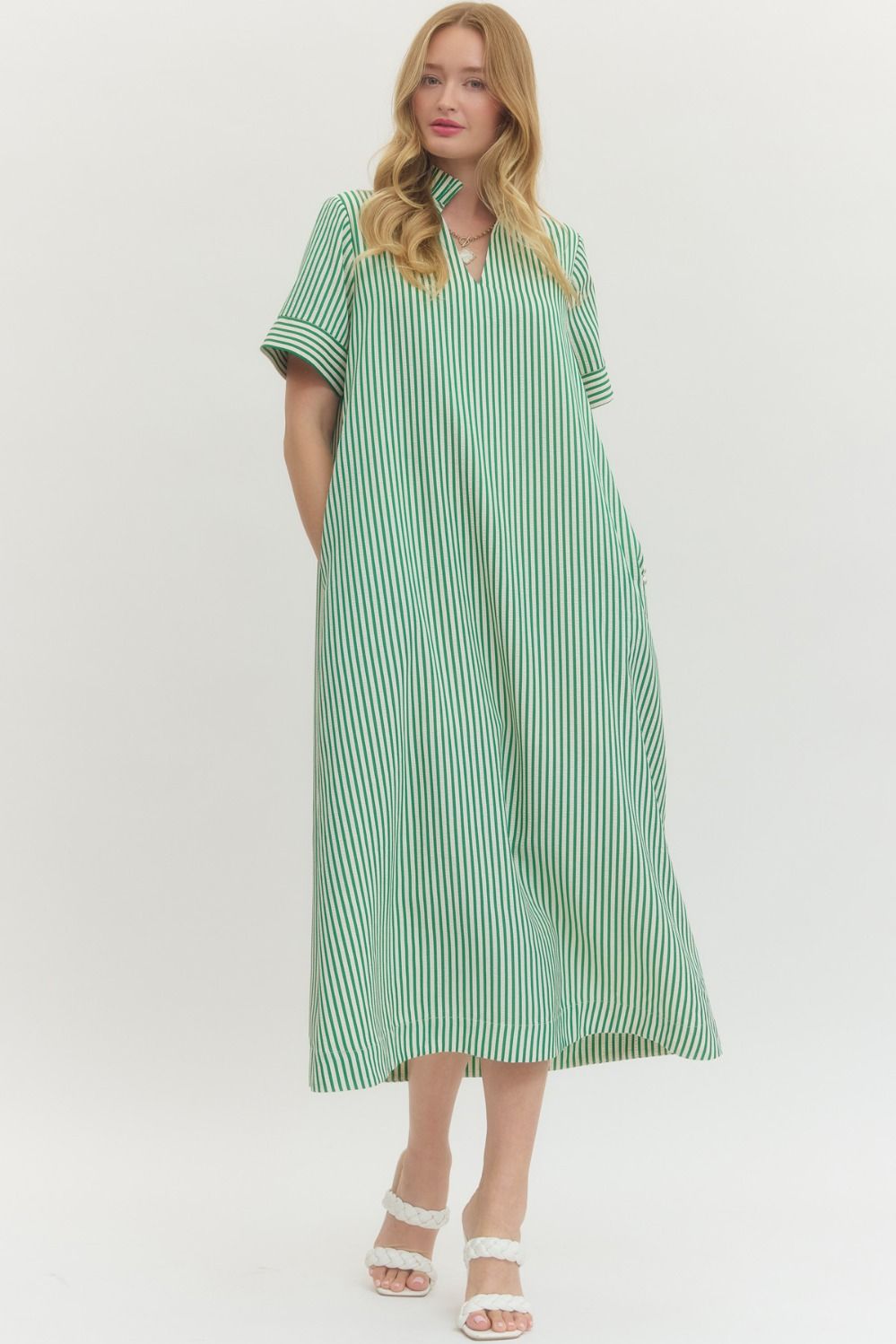Entro Striped Short Sleeve Midi Dress In Green