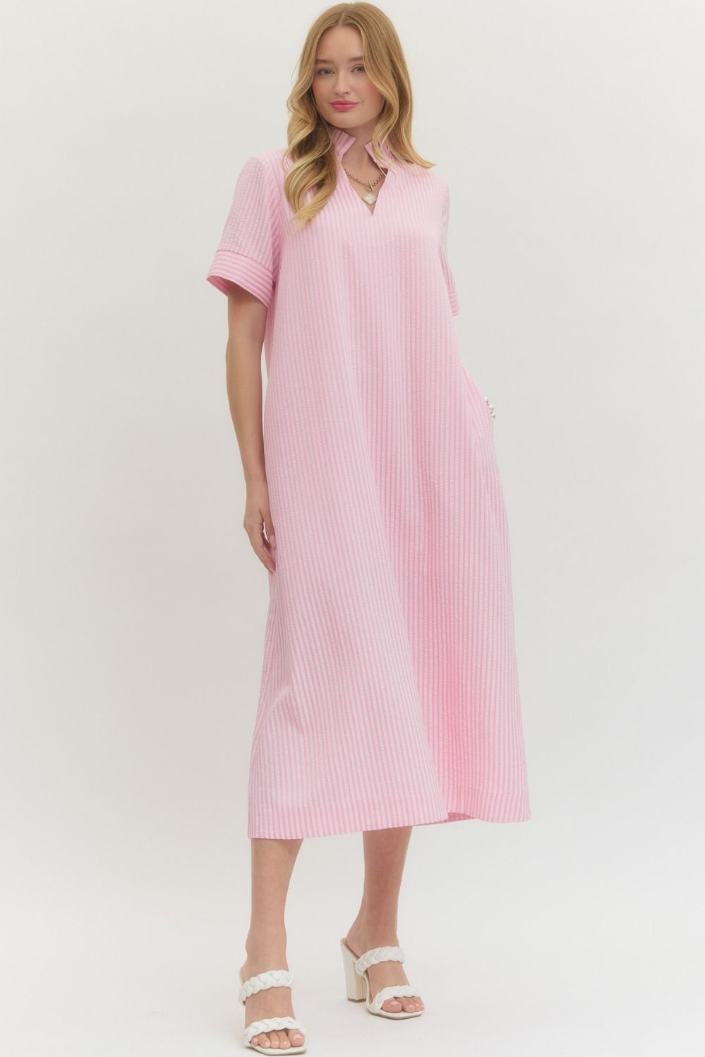 Entro Striped Short Sleeve Midi Dress In Pink