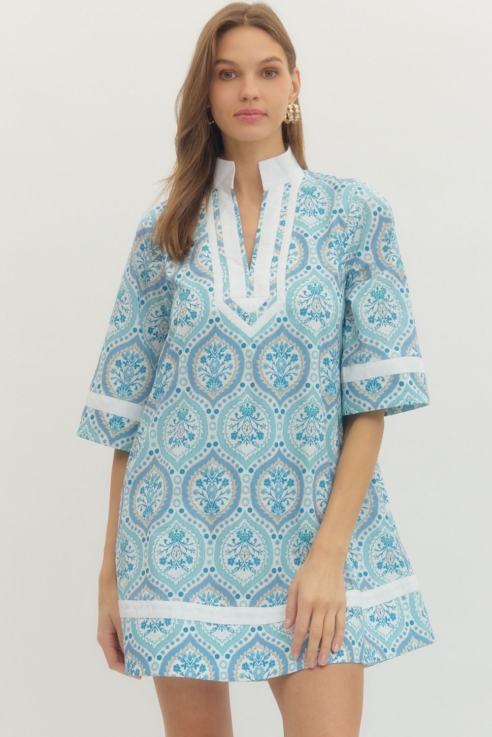 ENTRO Botanical Print 3/4 Sleeve Mini Dress In Blue