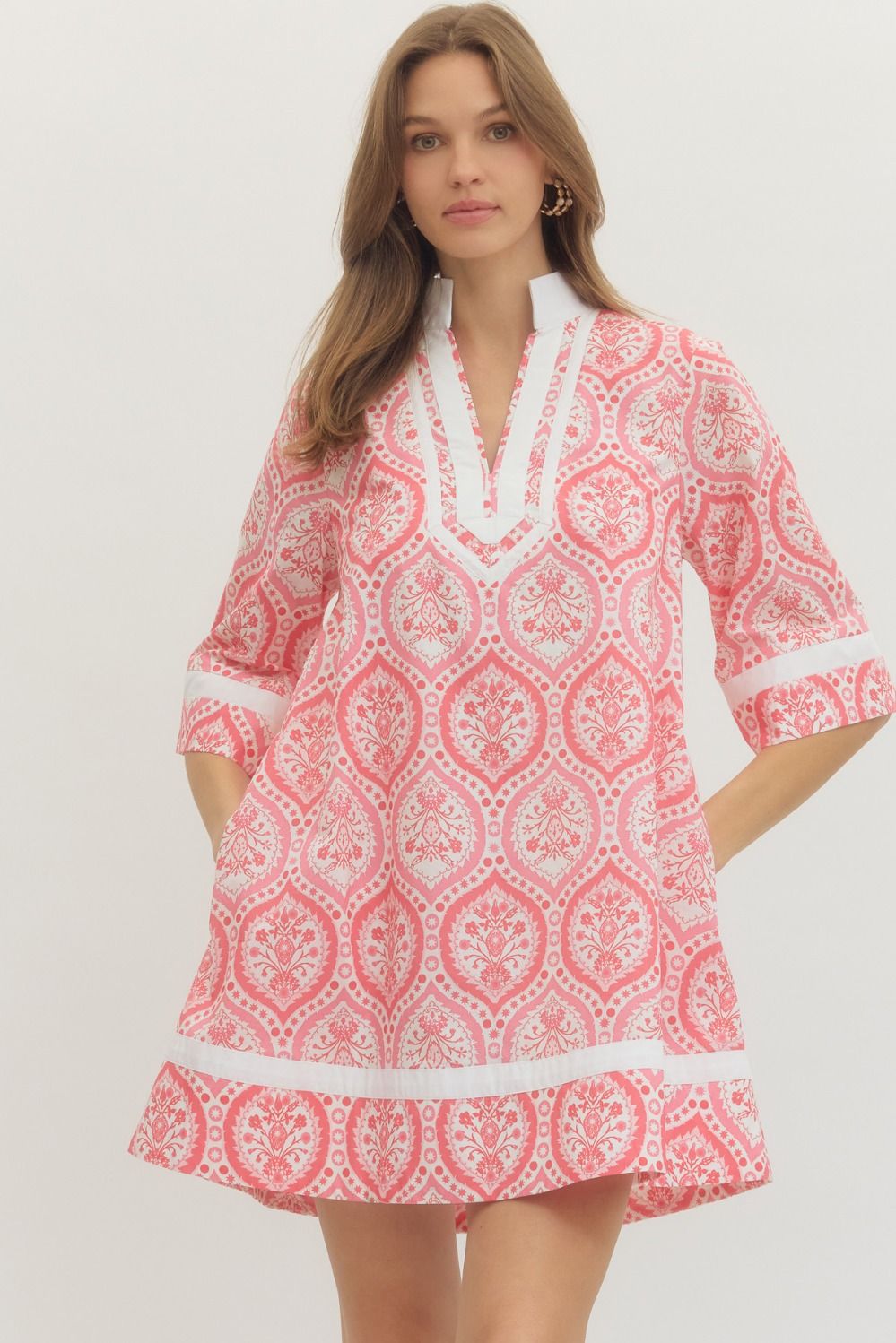 ENTRO Botanical Print 3/4 Sleeve Mini Dress In Pink