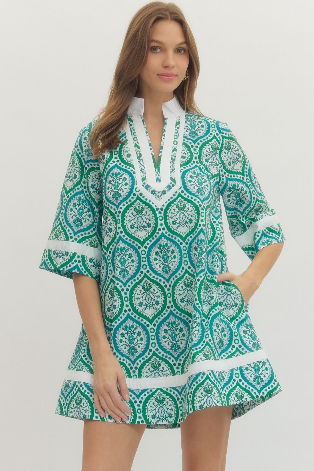 ENTRO Botanical Print 3/4 Sleeve Mini Dress In Teal Green
