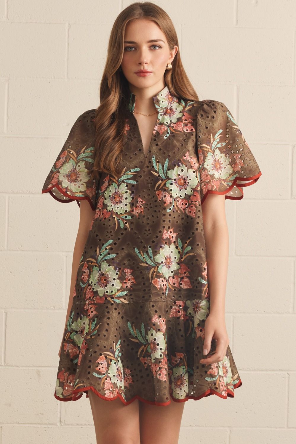 ENTRO Floral Eyelet Short Sleeve Mini Dress In Brown