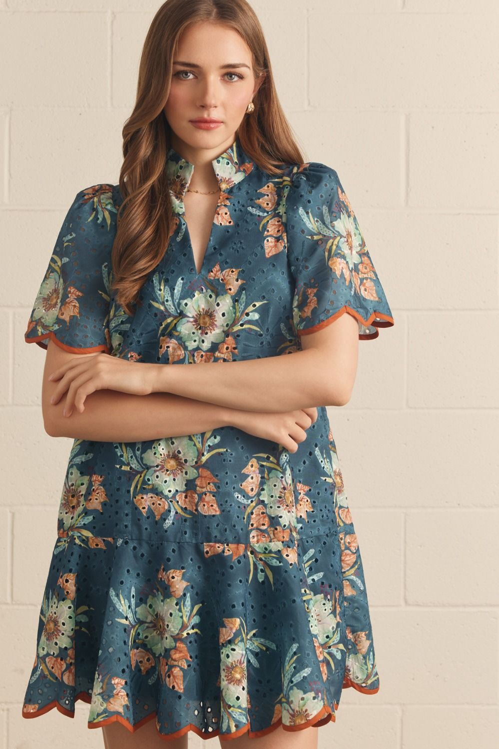 ENTRO Floral Eyelet Short Sleeve Mini Dress In Teal