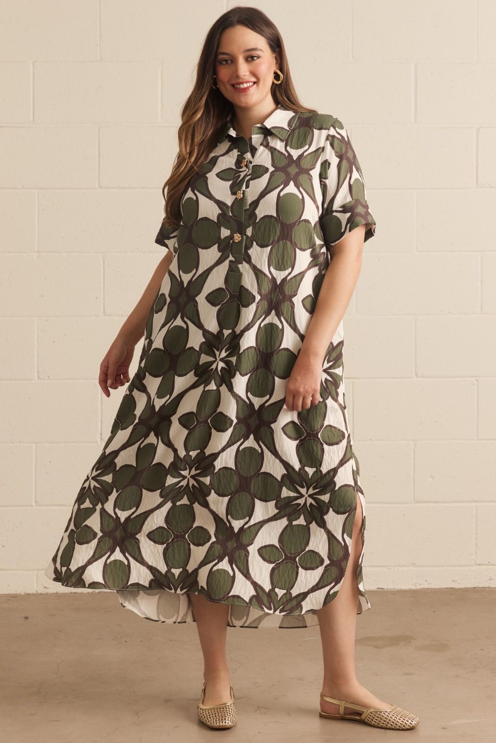 ENTRO Printed Midi Shirt Dress In Olive PLUS Sizes