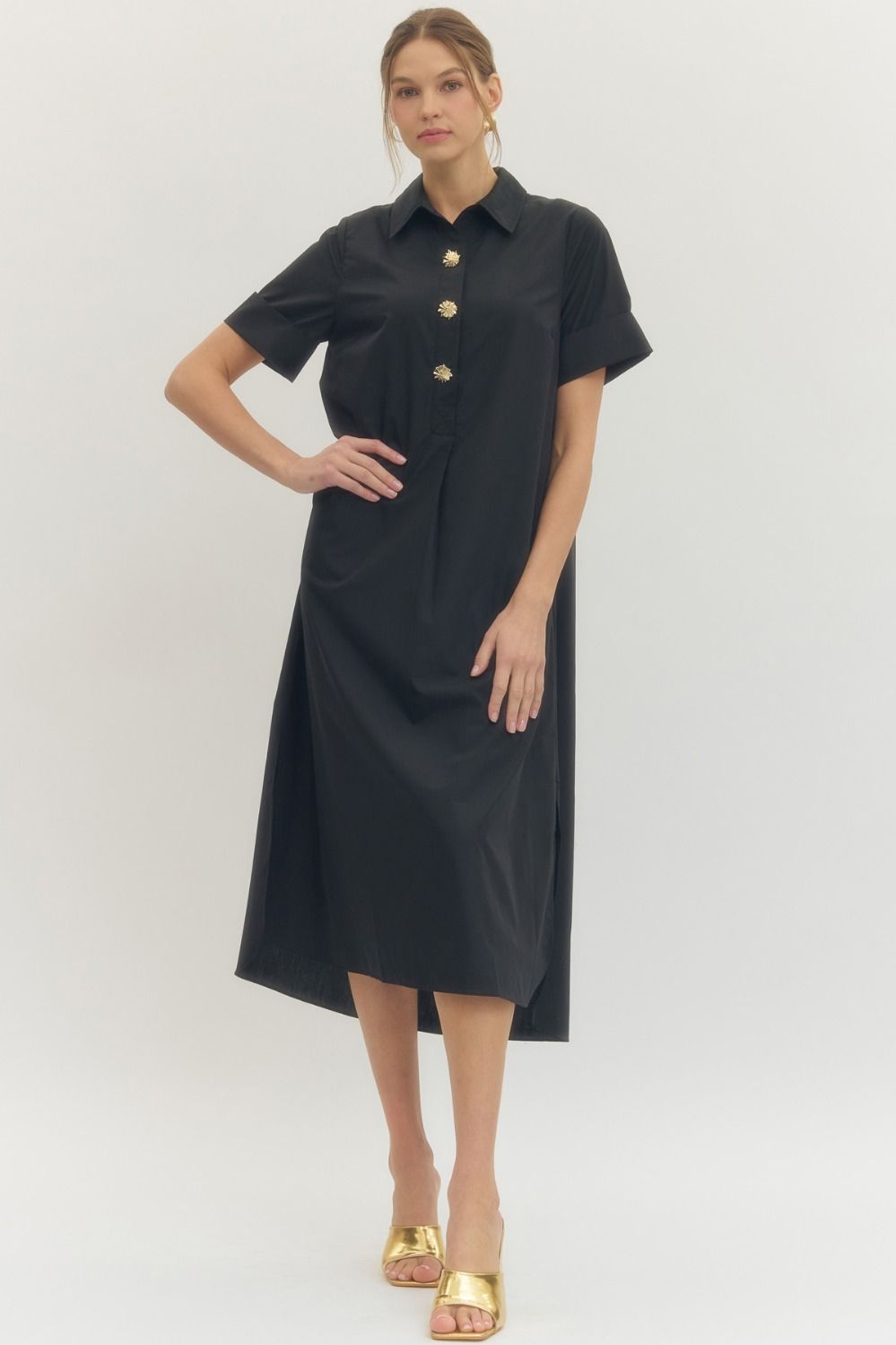 ENTRO Solid Short Sleeve Midi Dress With Accent Buttons In Black