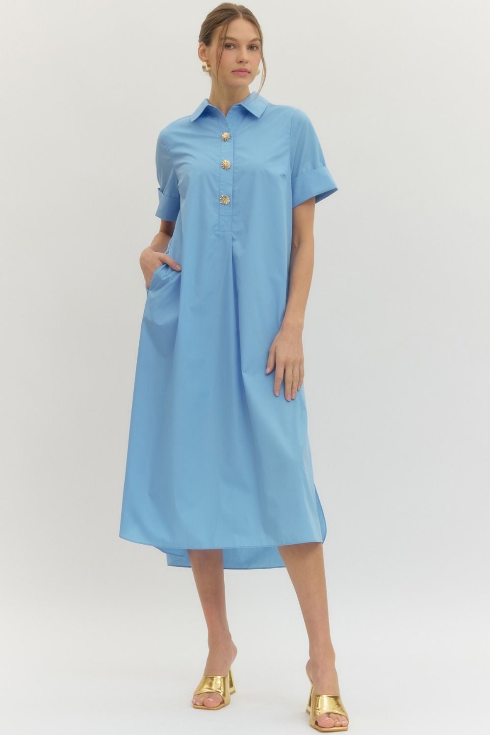 ENTRO Solid Short Sleeve Midi Dress With Accent Buttons In Light Blue