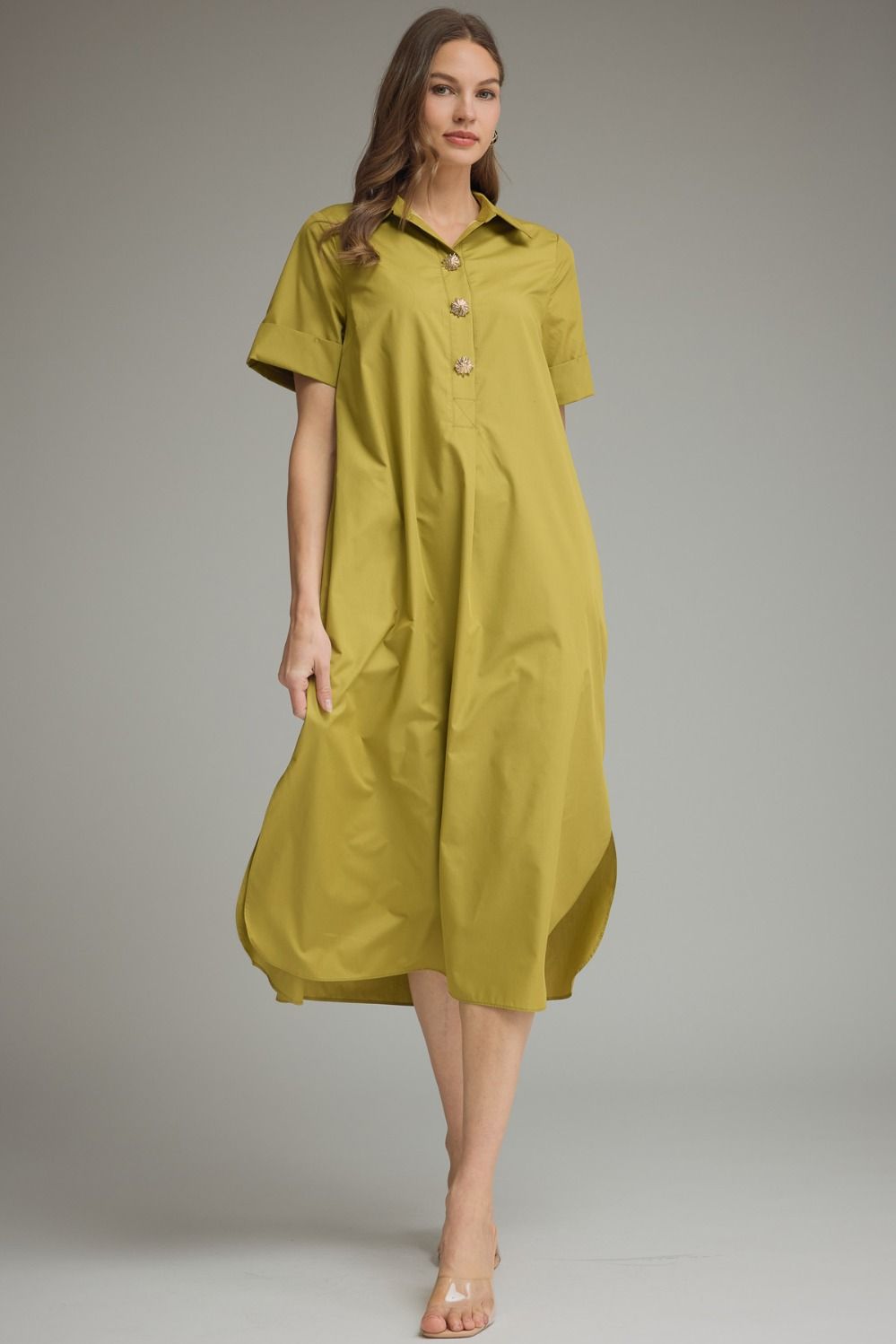 ENTRO Short Sleeve Midi Dress With Gold Button Accent In Martini Olive *COMING SOON*